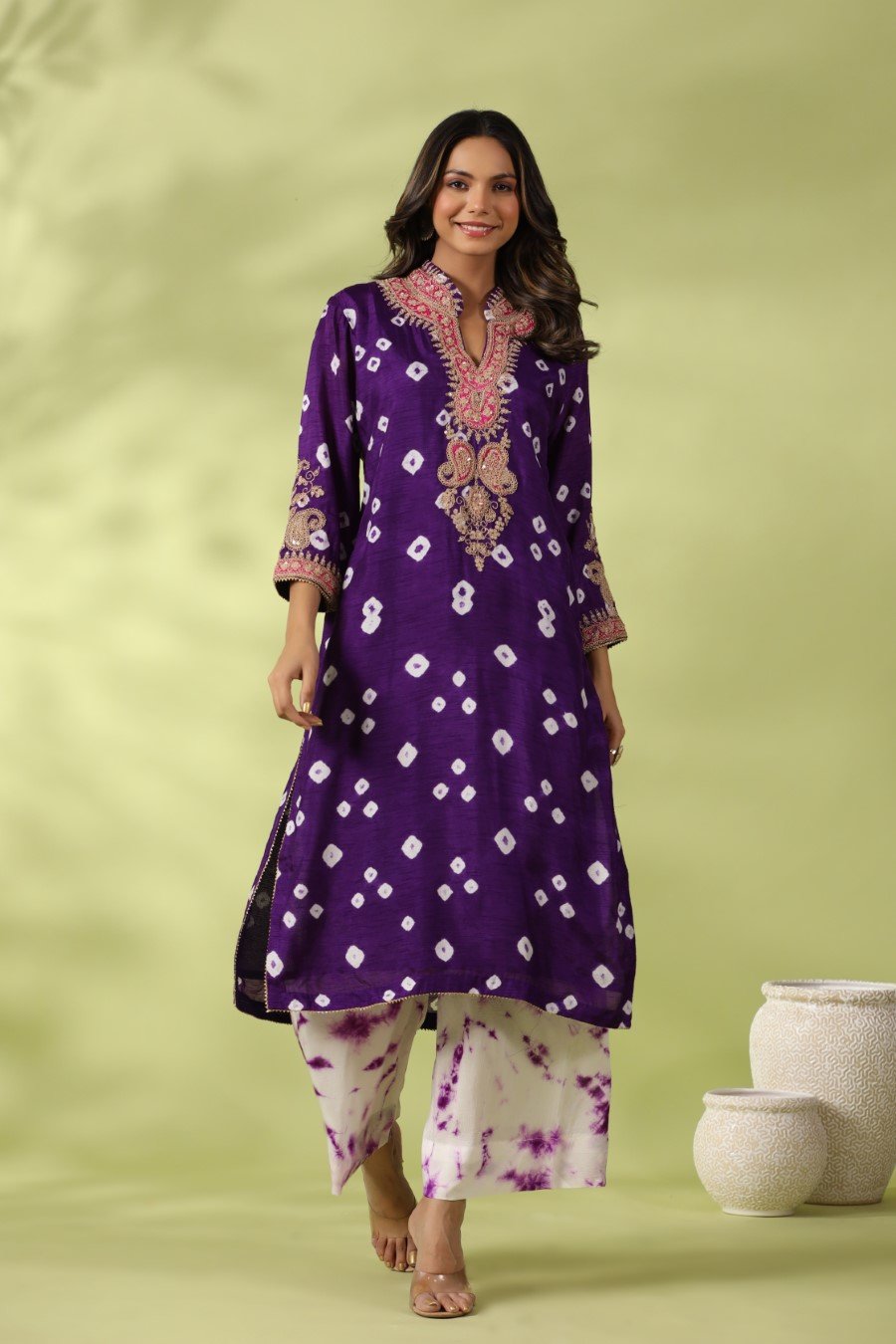 Purple Bandhej &amp; Zari Embroidered Kurta with Palazzo