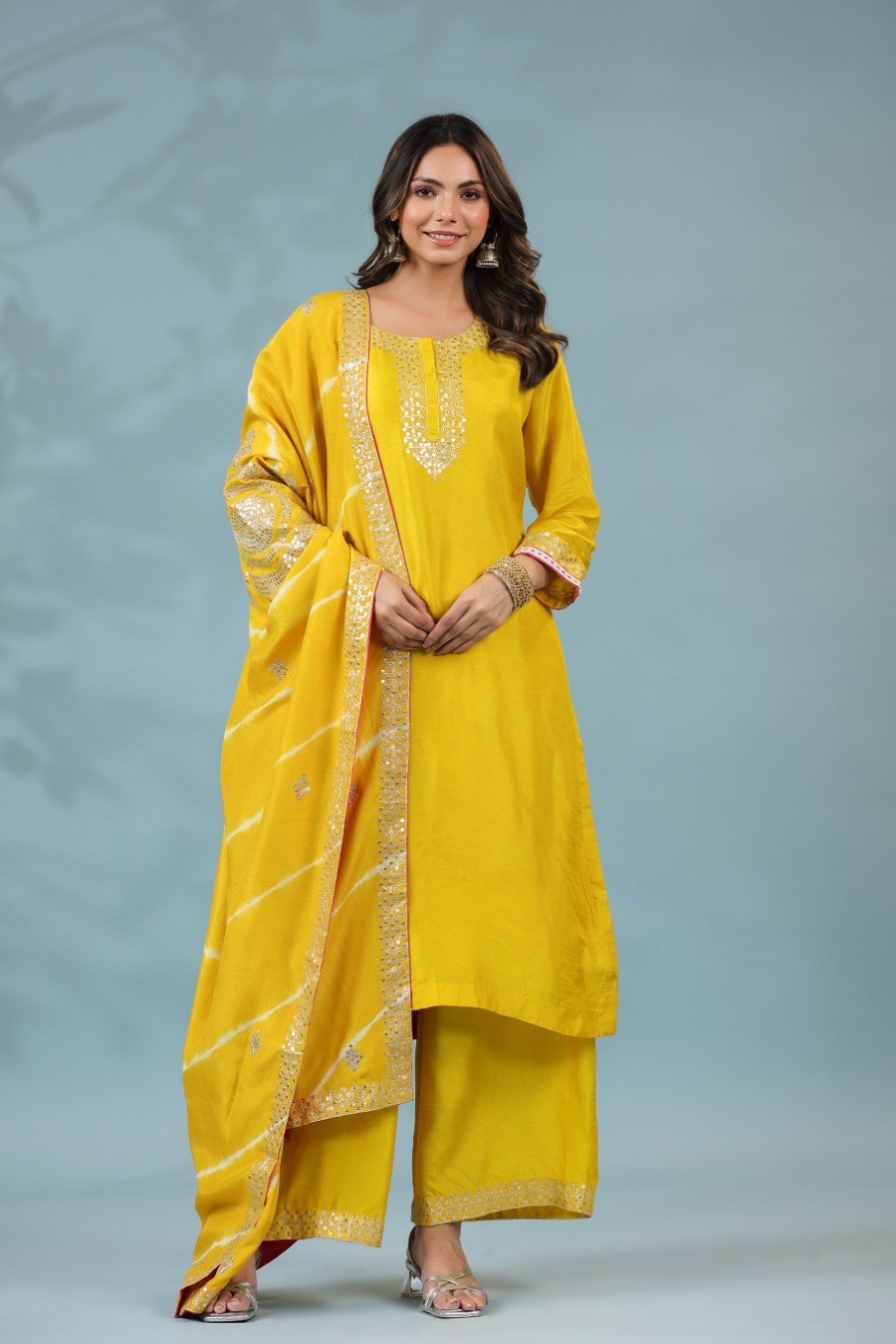 Yellow Chanderi Silk Embroidered Kurta Palazzo Set