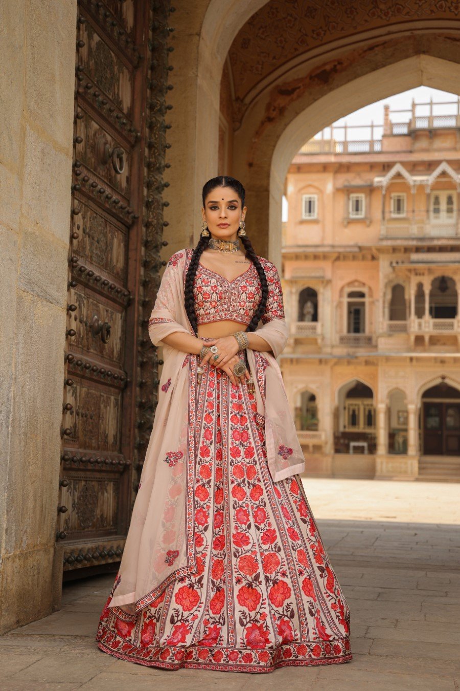 Pink Floral Raw Silk Lehenga Set