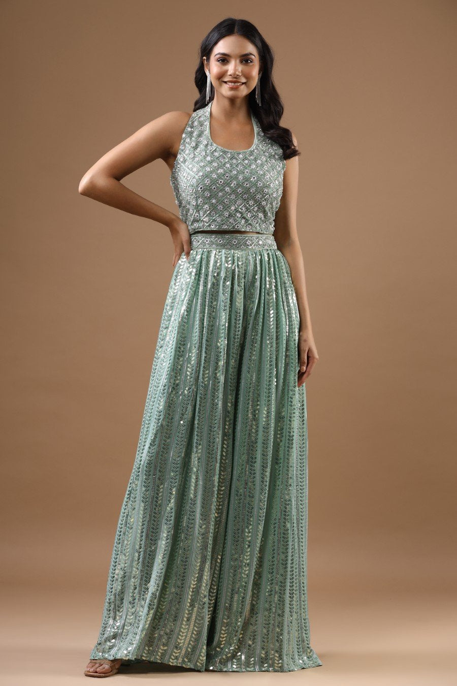 Sage Green Embroidered Palazzo with Crop Top