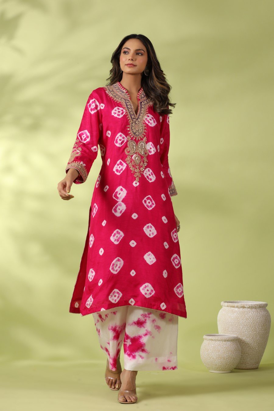 Pink Bandhej & Zari Embroidered Kurta with Palazzo