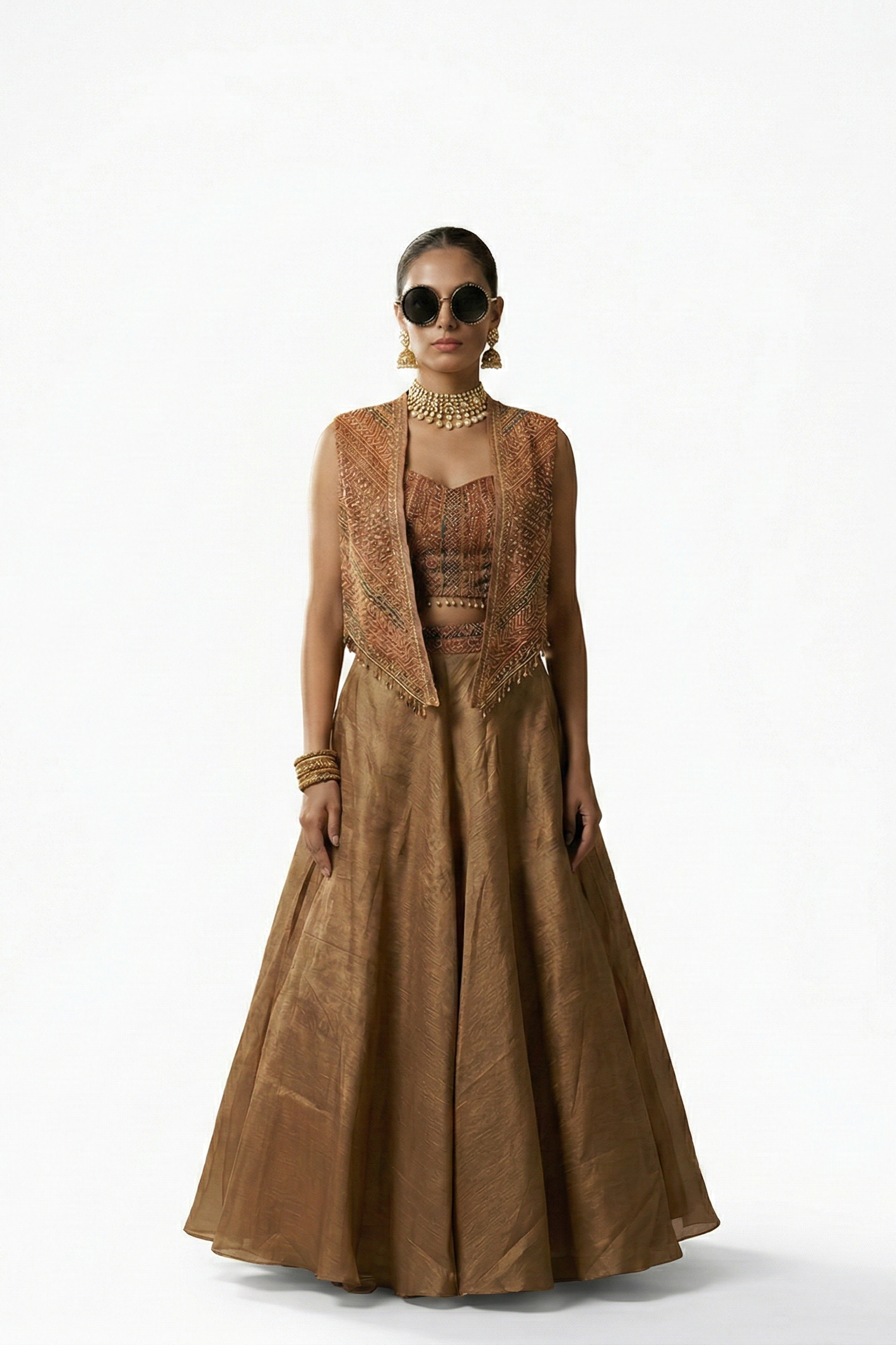 Earthy Amber Embellished Tissue Silk Skirt Set