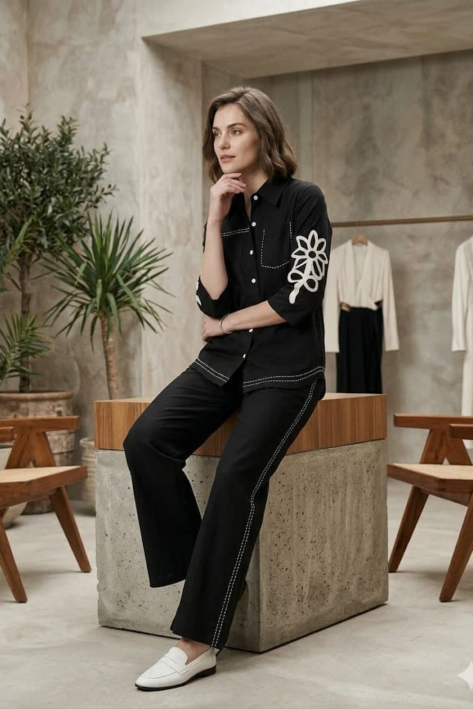 Jet Black Embroidered Cotton Linen Co-Ord Set