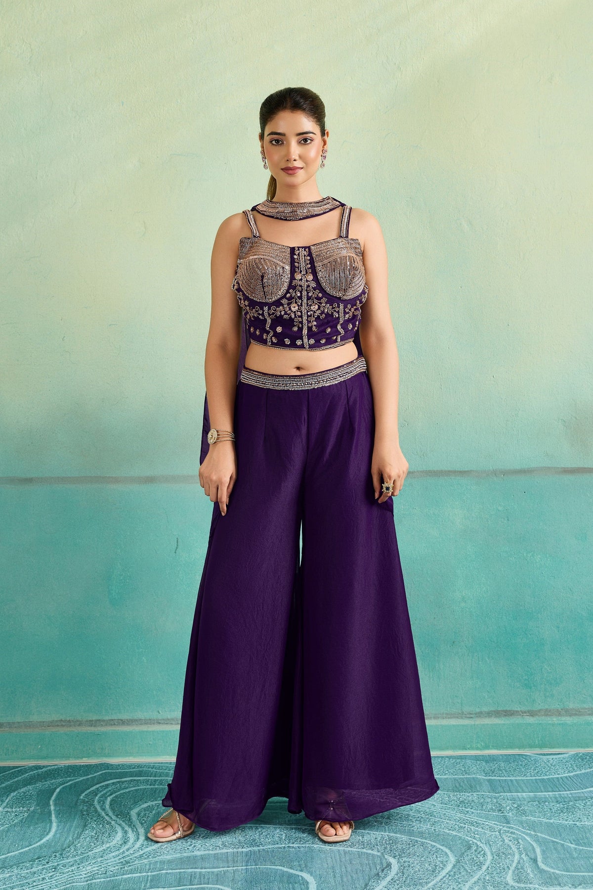 Deep Purple Embellished Chinon Silk Palazzo Set