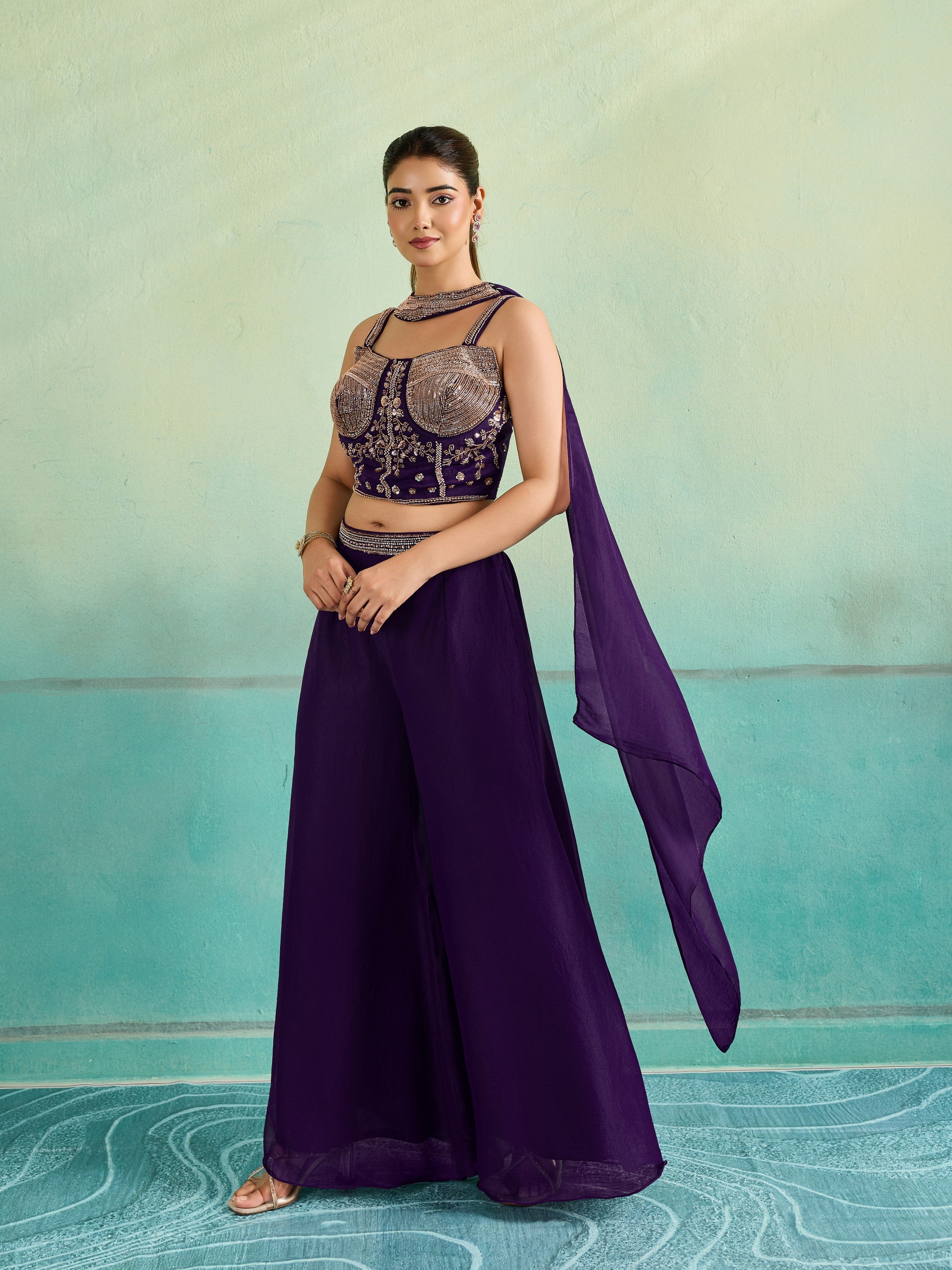 Deep Purple Embellished Chinon Silk Palazzo Set