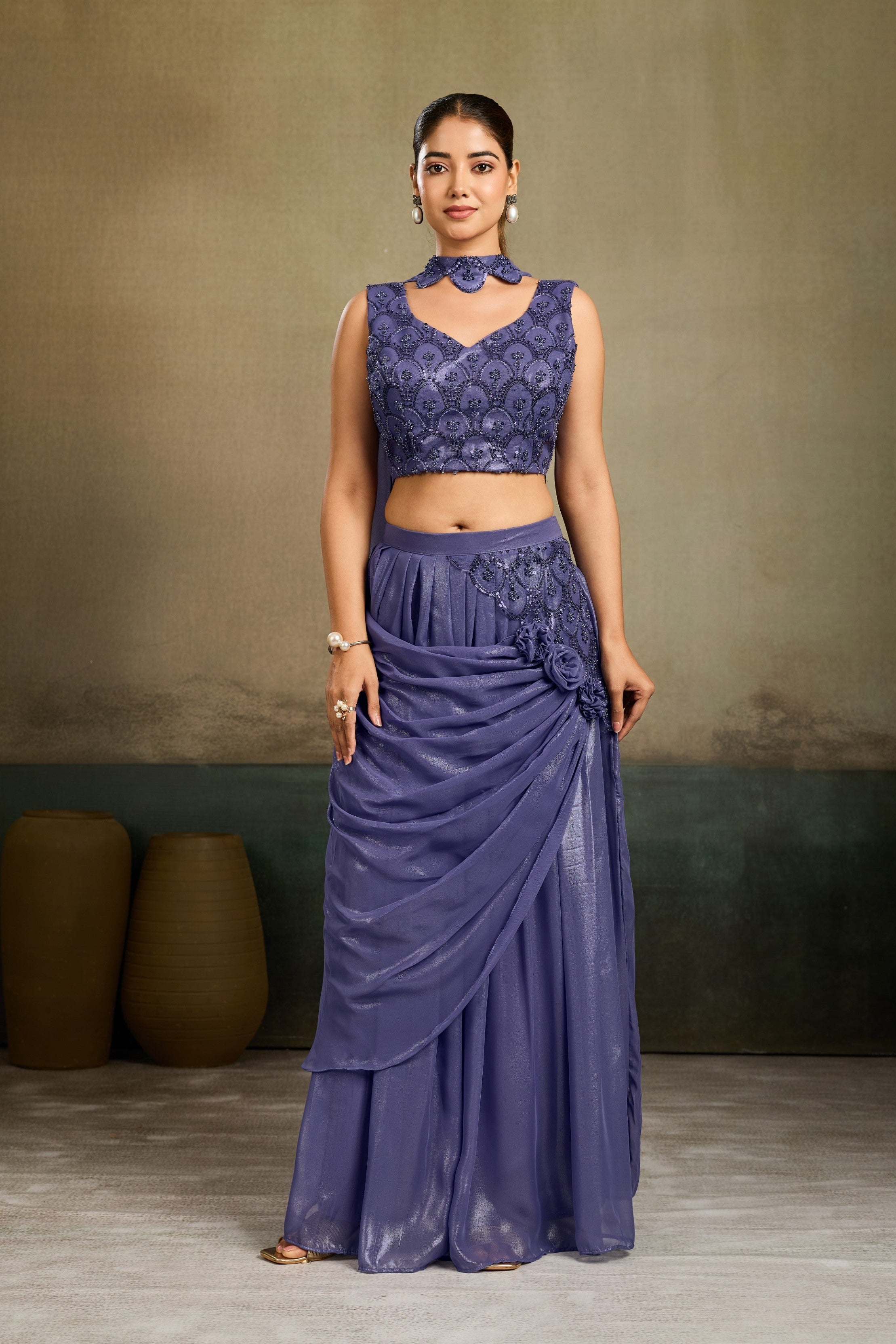 Dusty Periwinkle Embellished Shimmer Silk Skirt Set
