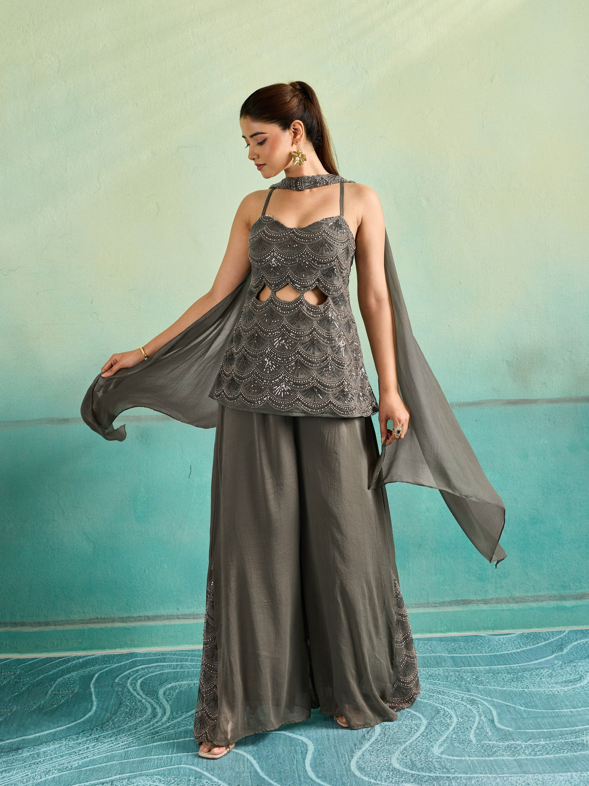 Grey Embellished Chinon Silk Palazzo Set