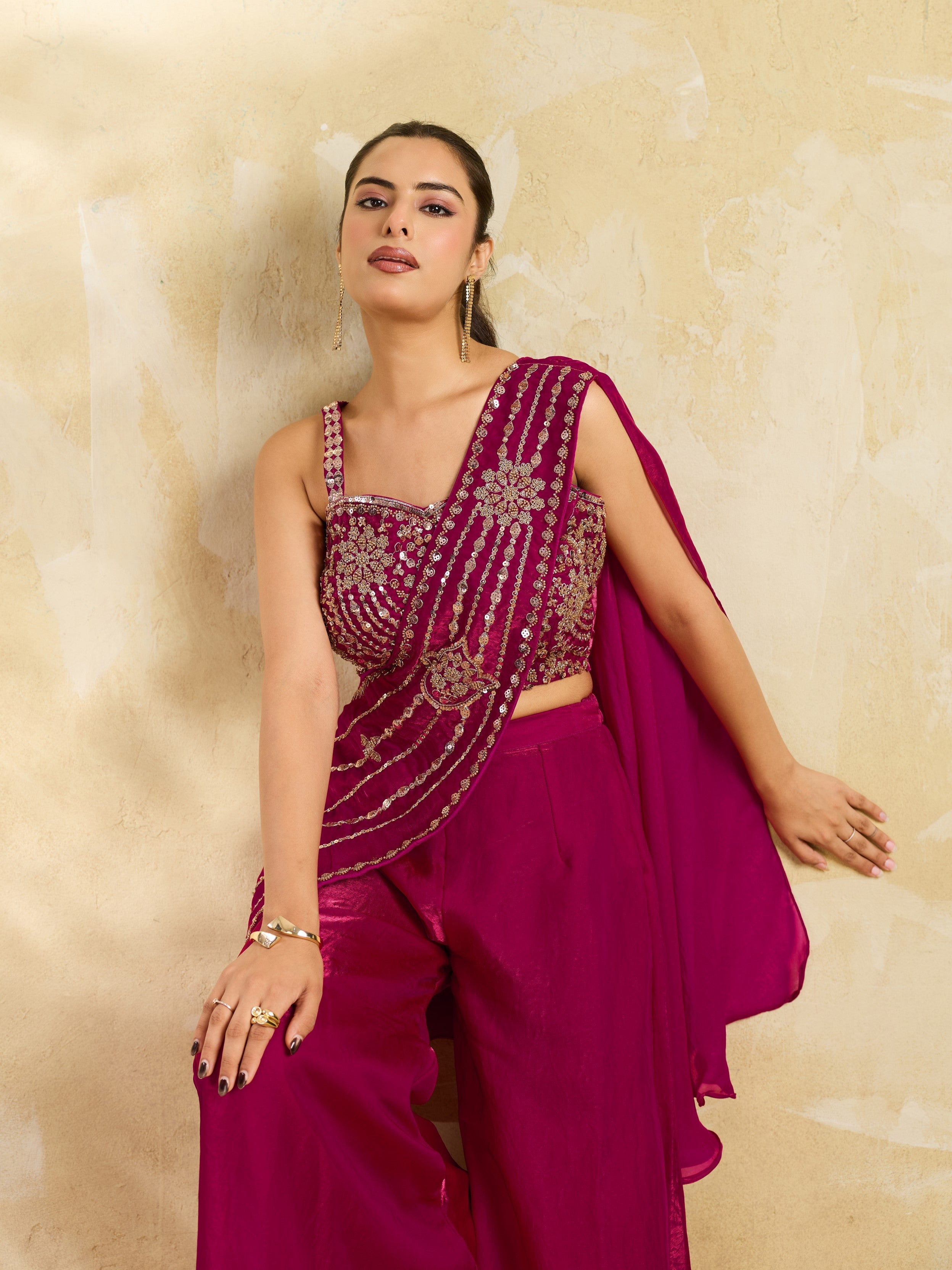 Magenta Pink Embellished Organza Silk Draped Palazzo Set