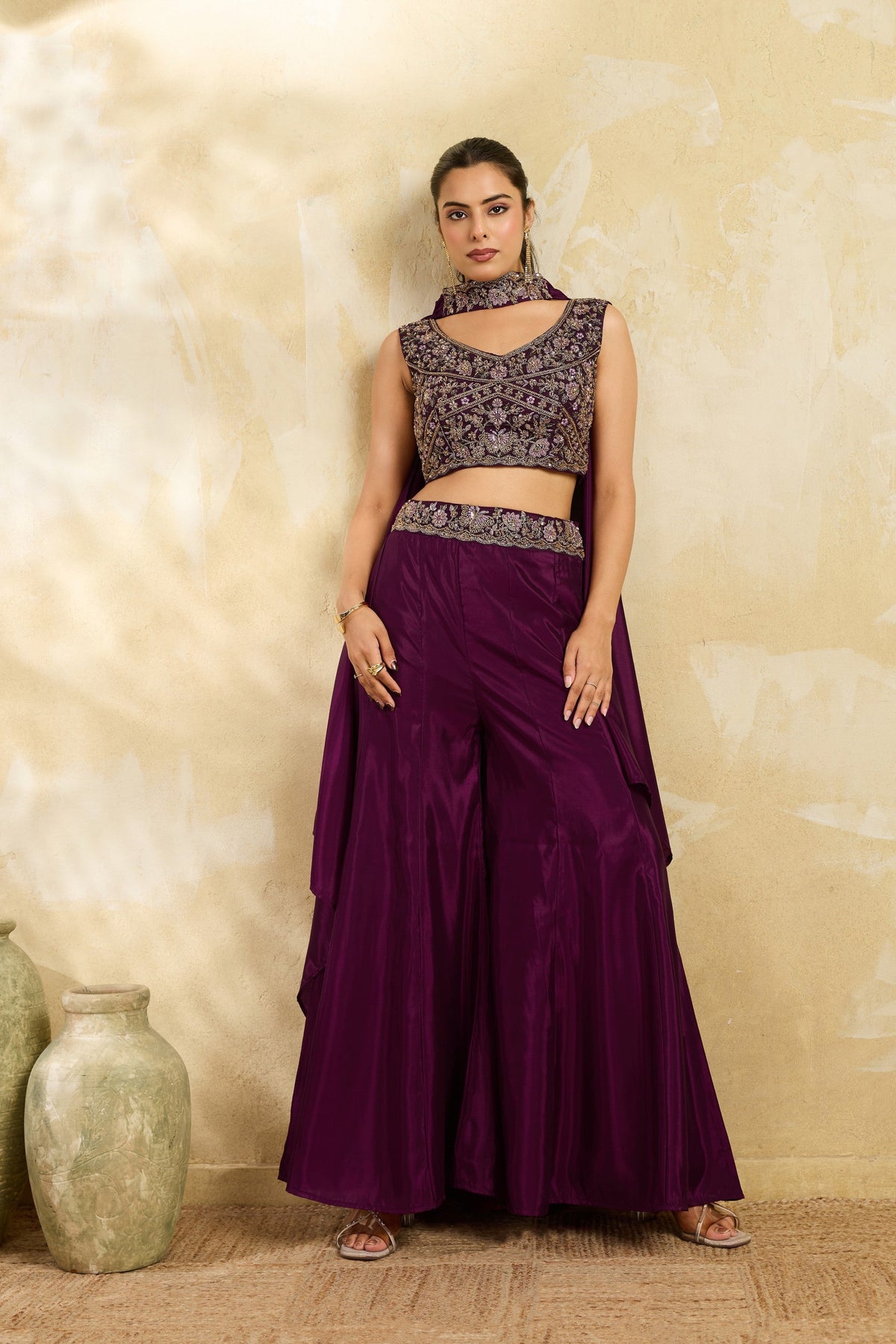 Deep Purple Embellished Premium Silk Palazzo Set