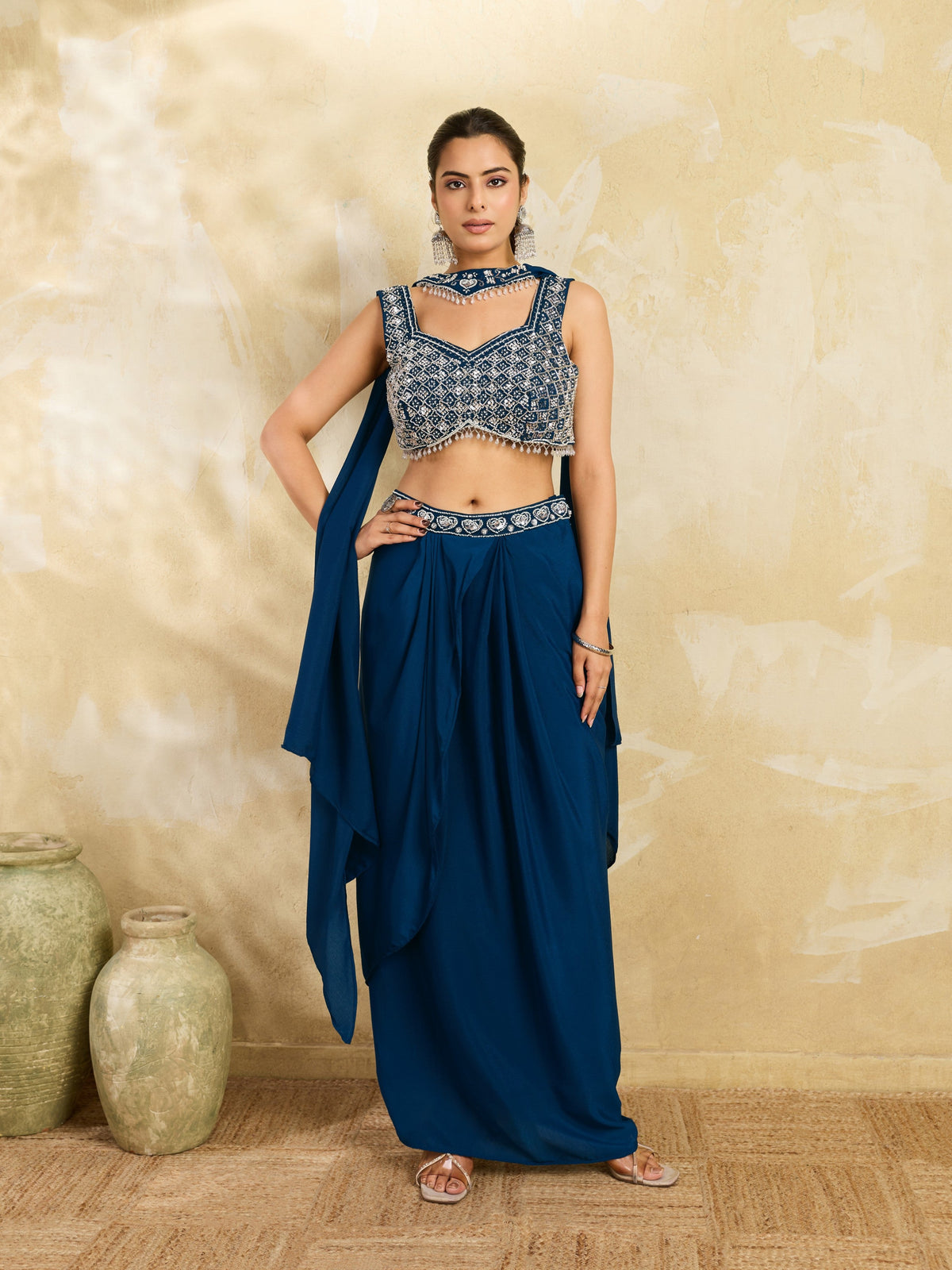 Rich Blue Embellished Chinon Silk Skirt Set