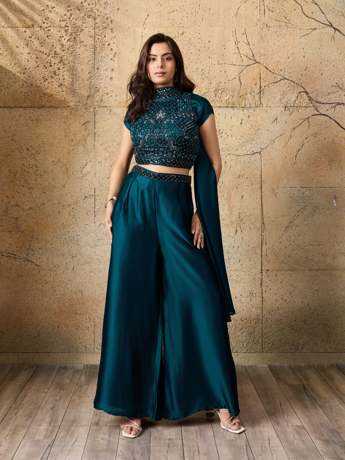 Deep Teal Embellished Satin Silk Palazzo Set