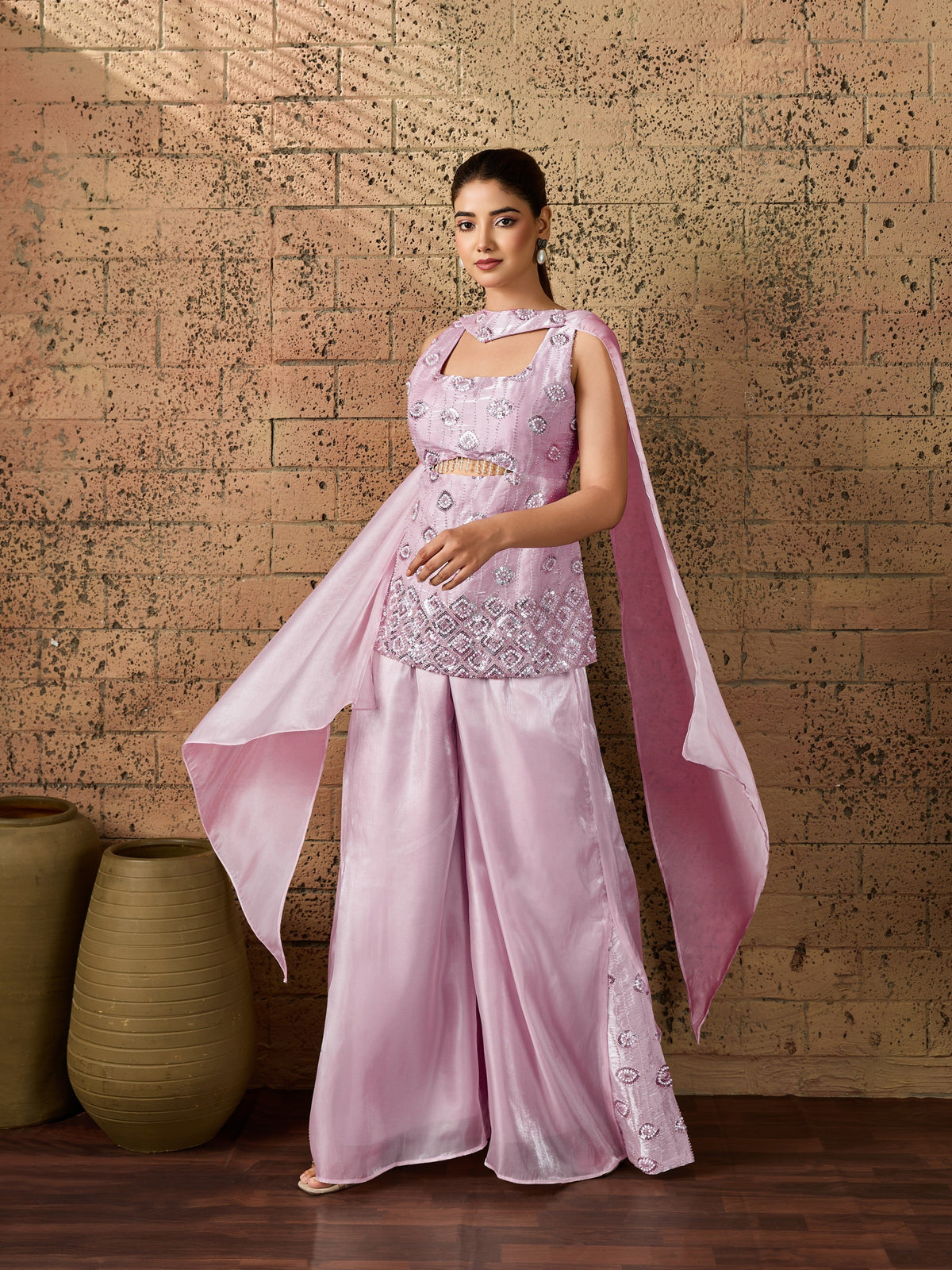 Lilac Embellished Organza Silk Palazzo Set