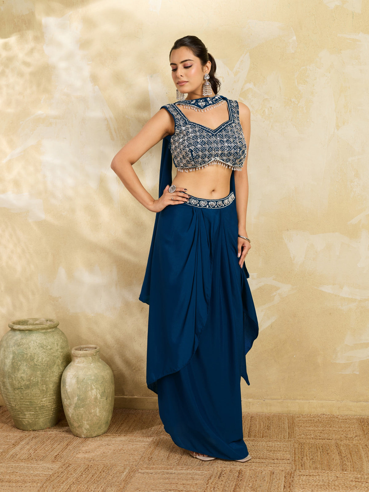 Rich Blue Embellished Chinon Silk Skirt Set