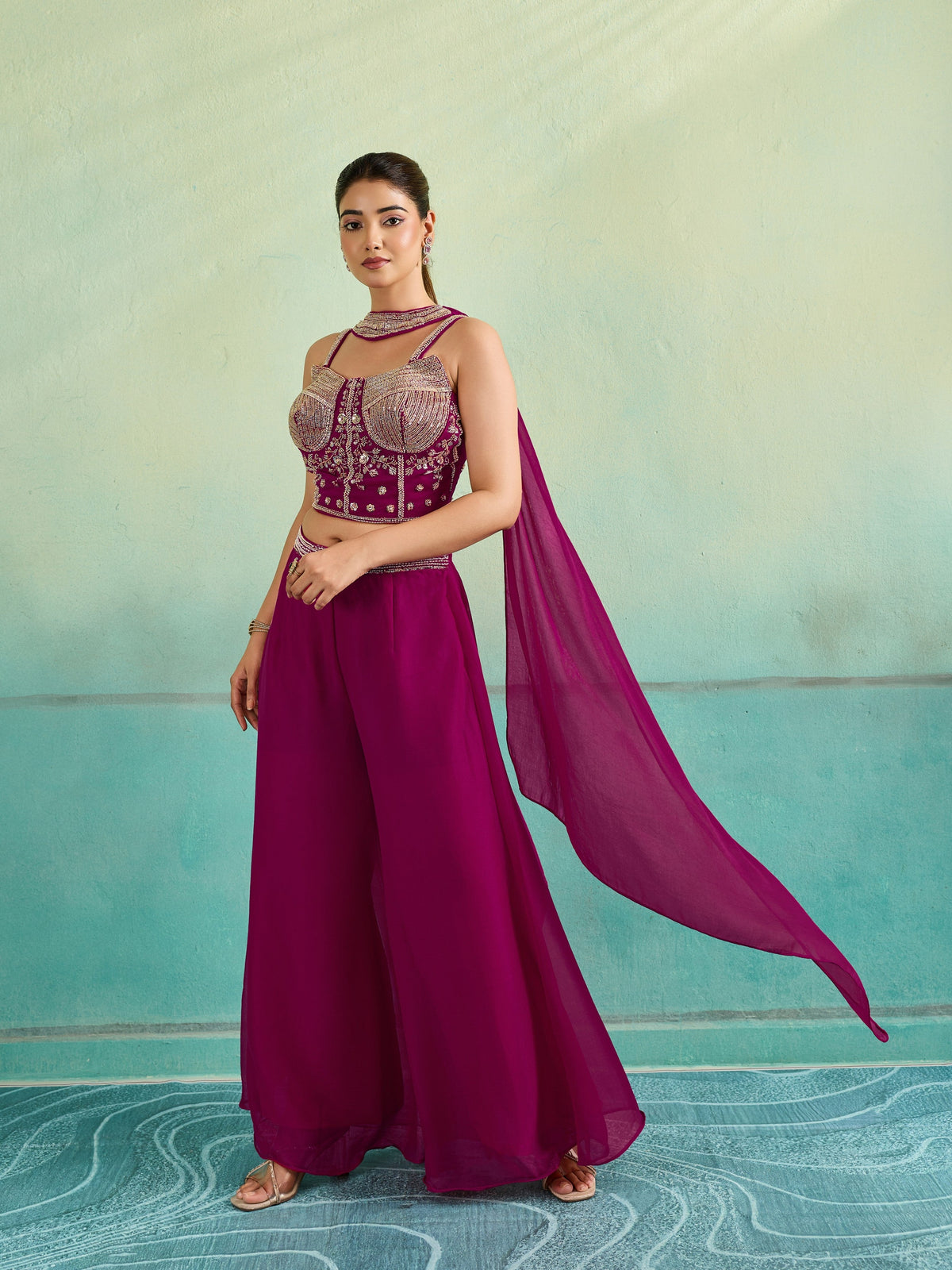 Magenta Pink Embellished Chinon Silk Palazzo Set