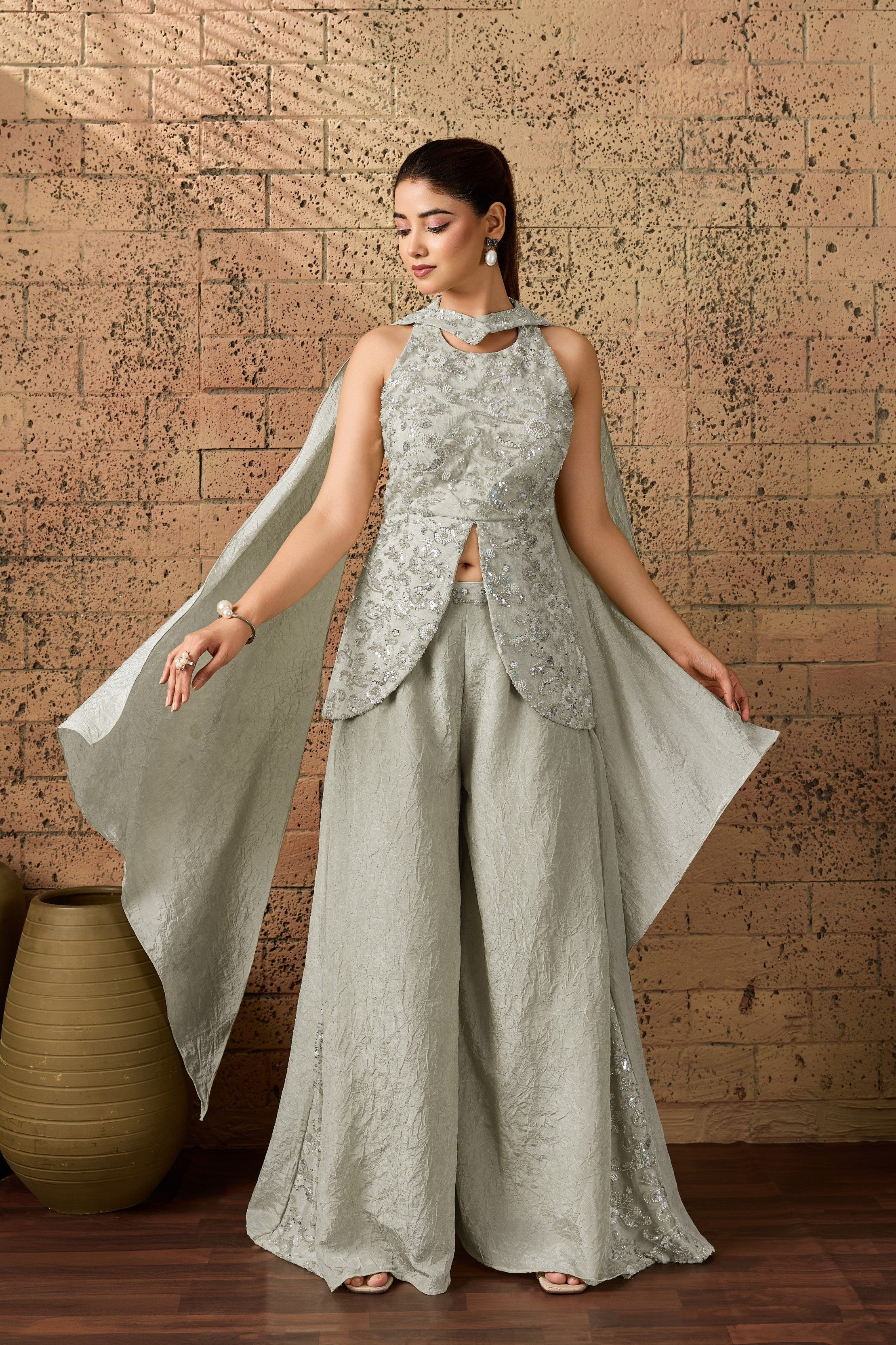 Silver-Grey Embellished Crush Silk Palazzo Set