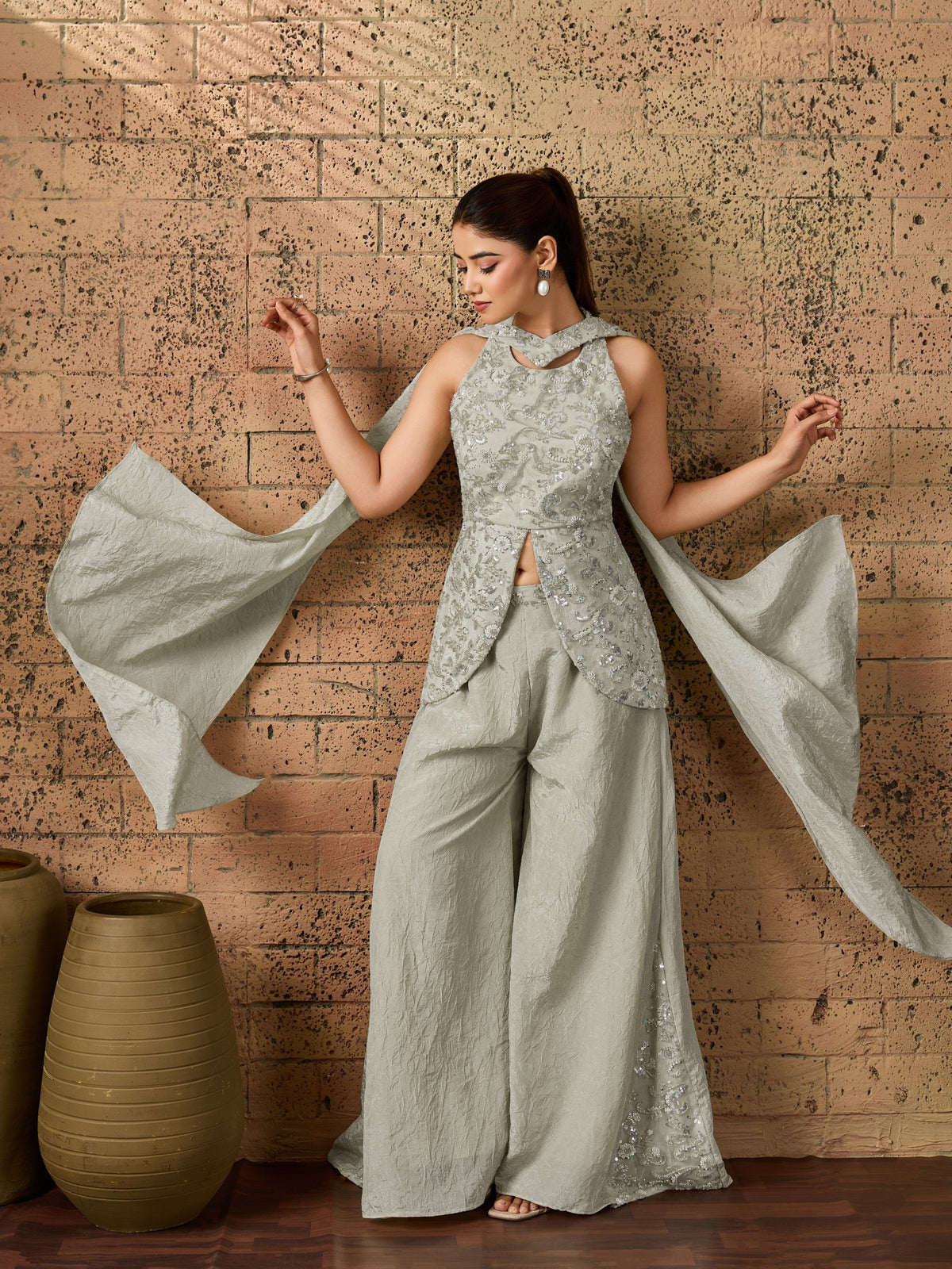 Silver-Grey Embellished Crush Silk Palazzo Set