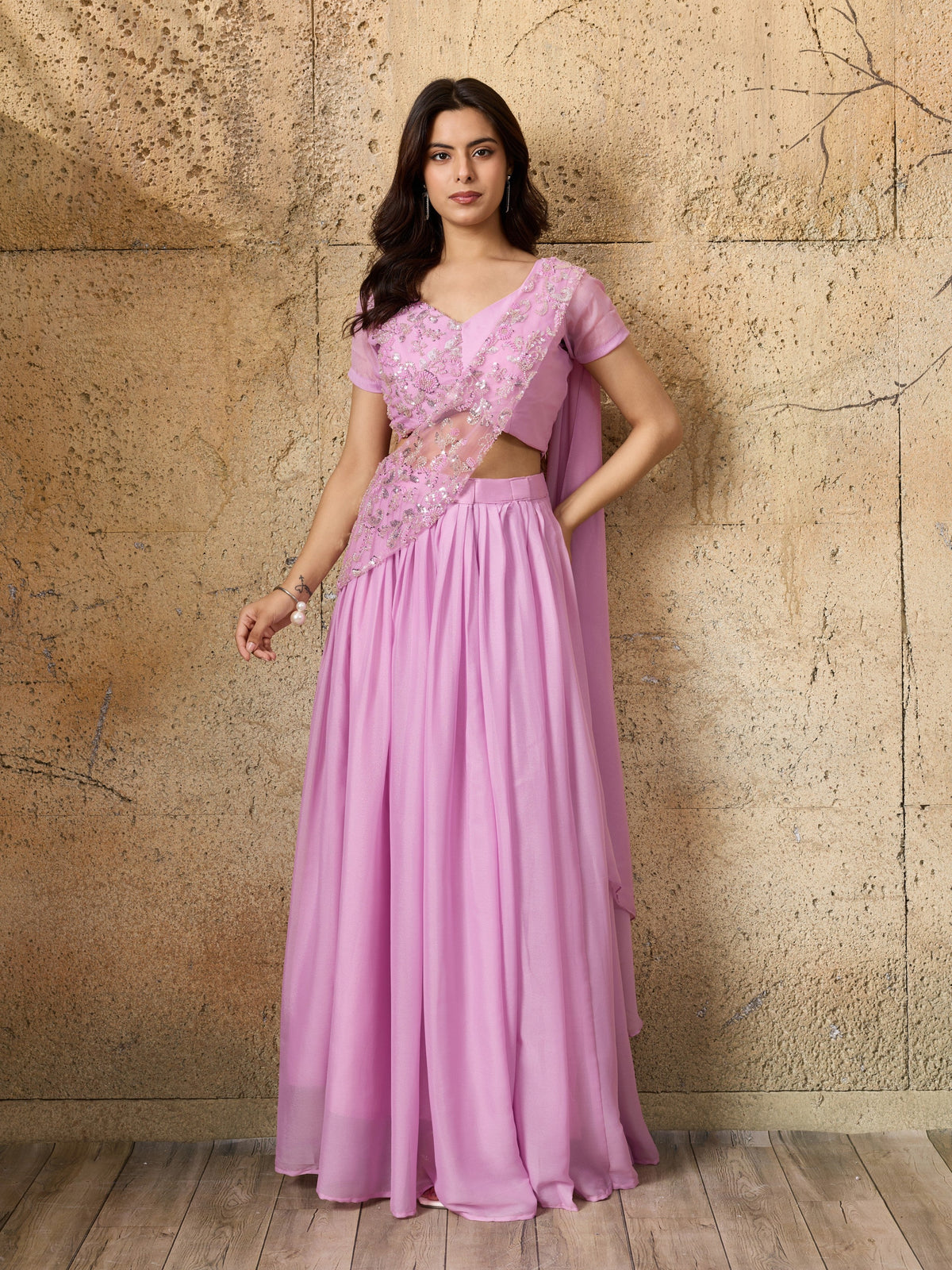 Soft Lilac Embellished Shimmer Silk Skirt Set