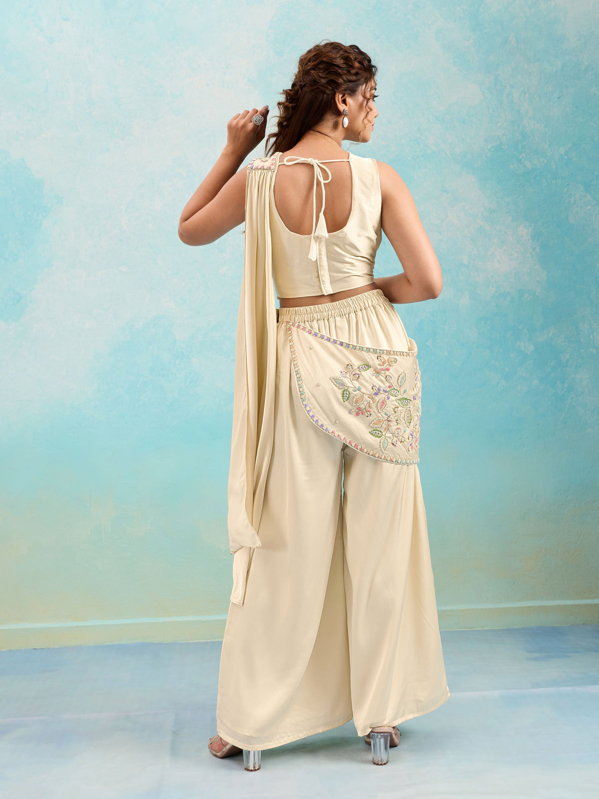 Off White Embellished Crepe Satin Silk Palazzo Set