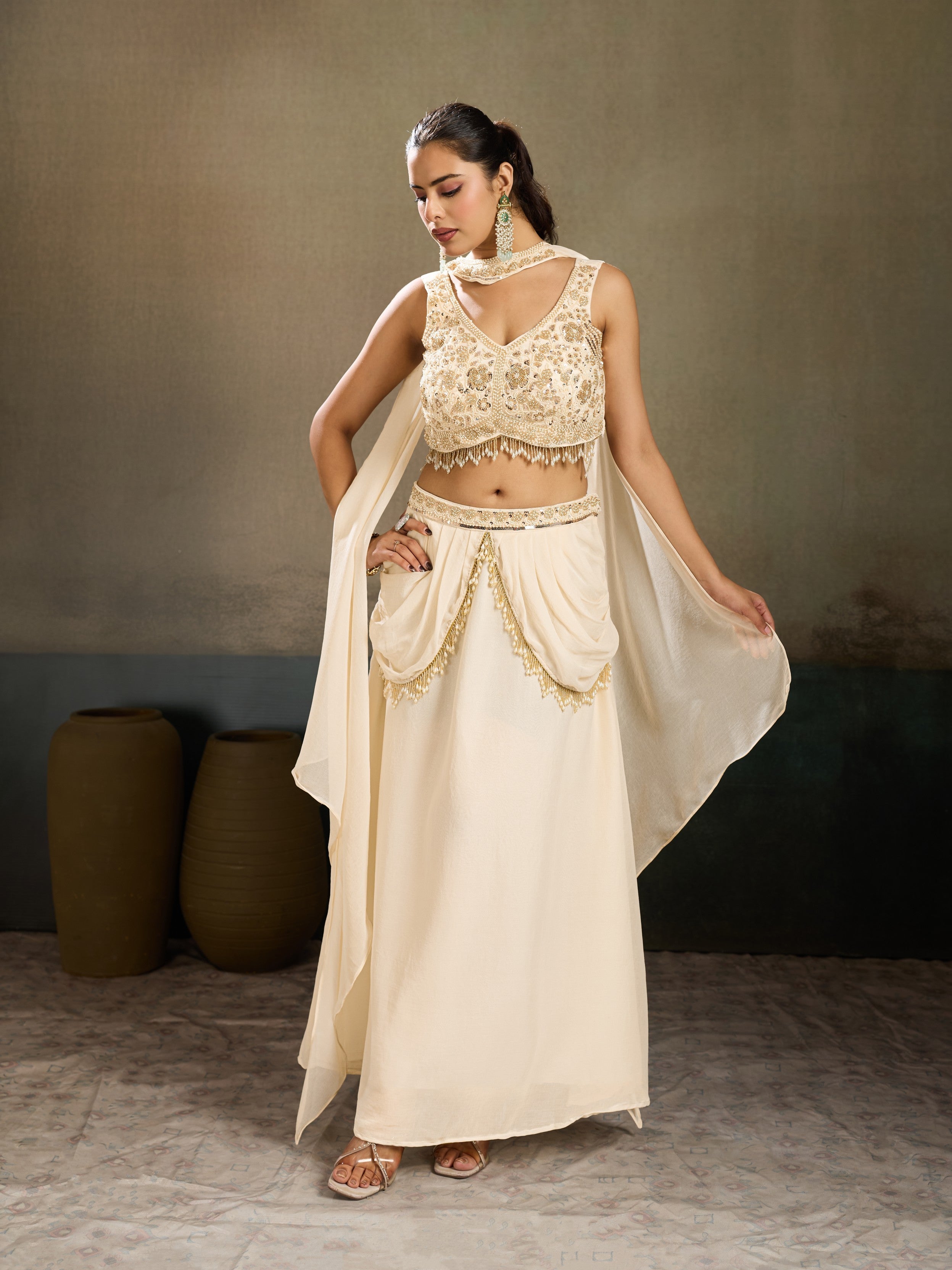Ivory Embellished Chinon Silk Skirt Set
