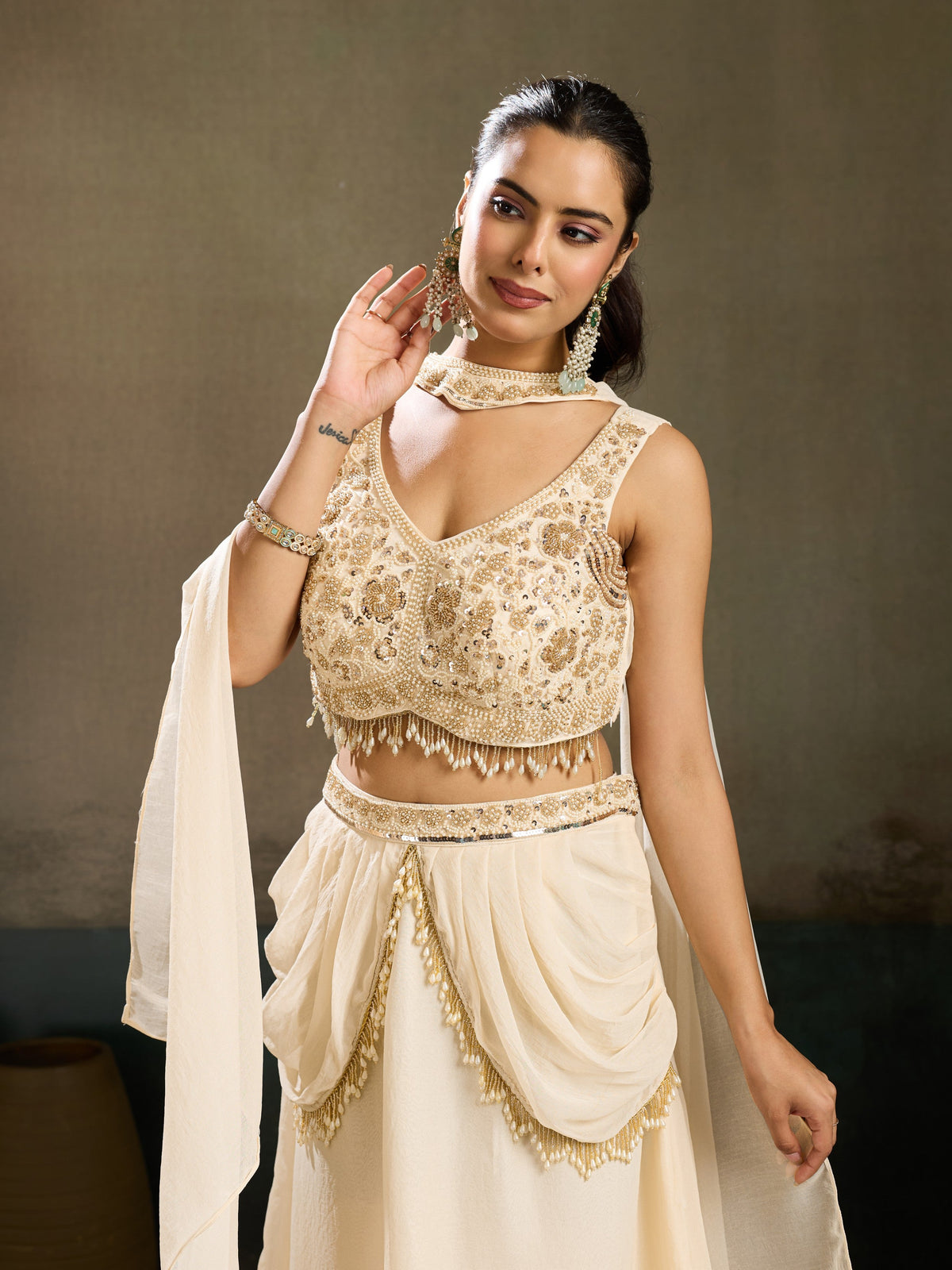 Ivory Embellished Chinon Silk Skirt Set