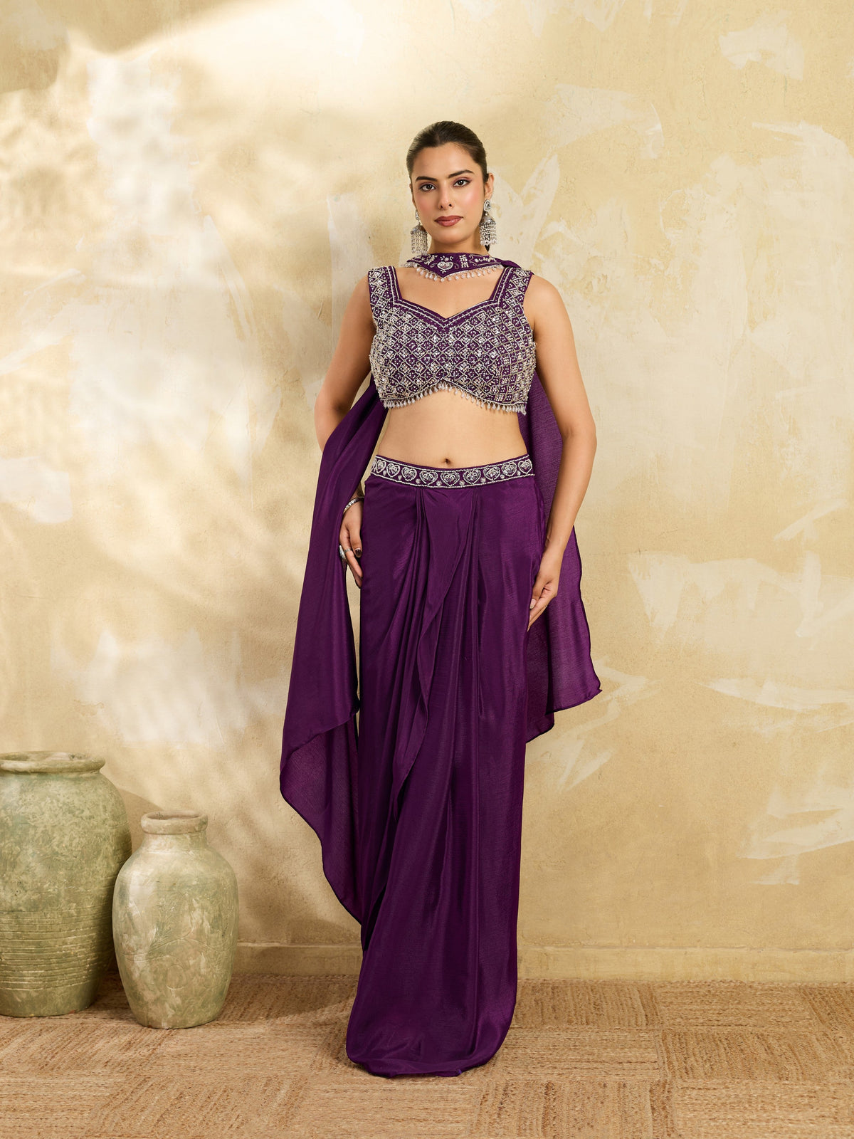 Rich Purple Embellished Chinon Silk Skirt Set