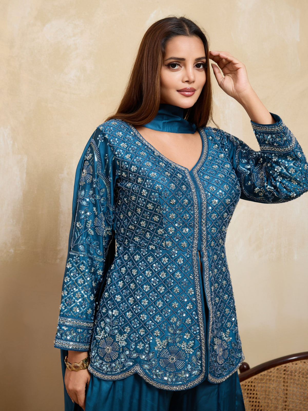 Teal Blue Embellished Satin Silk Palazzo Set