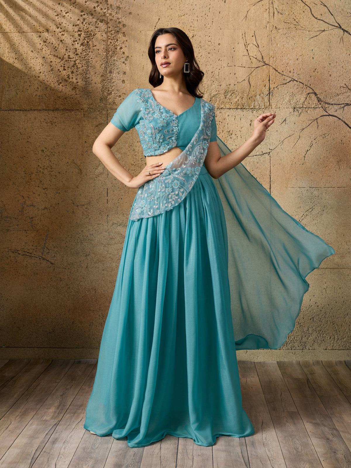Powder Blue Embellished Shimmer Silk Skirt Set