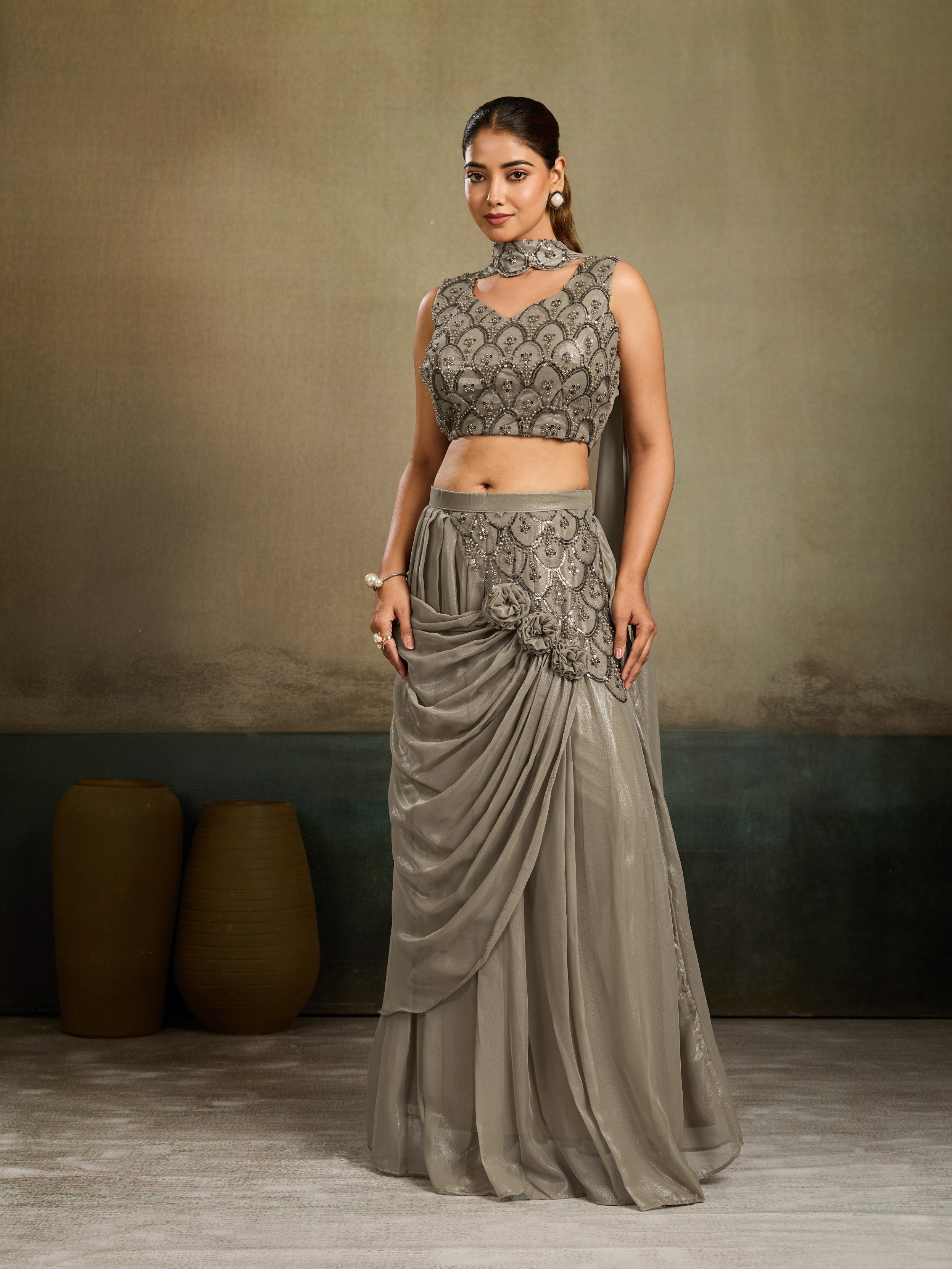 Taupe Grey Embellished Shimmer Silk Skirt Set