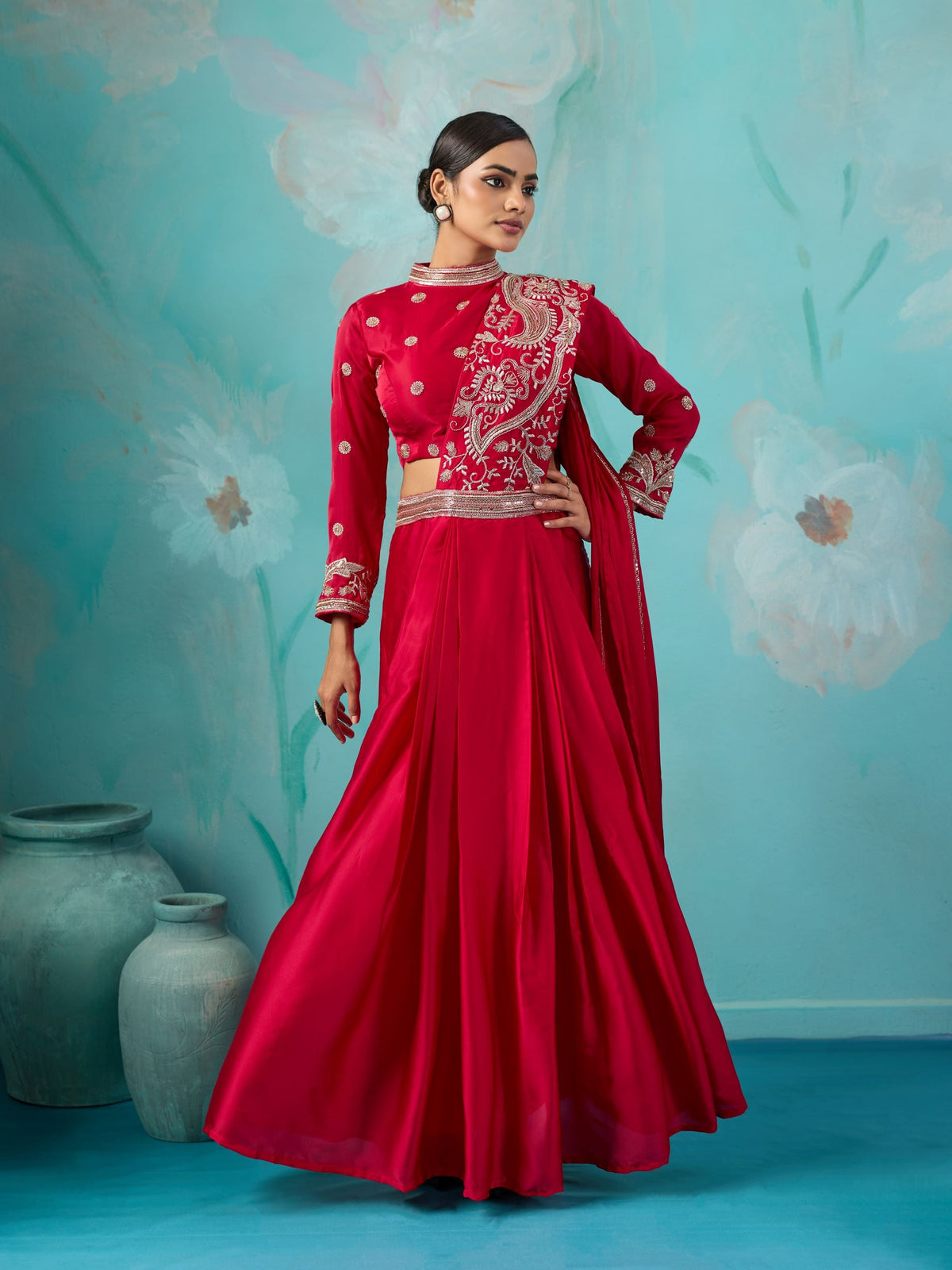 Ruby Red Embellished Premium Silk Skirt Set
