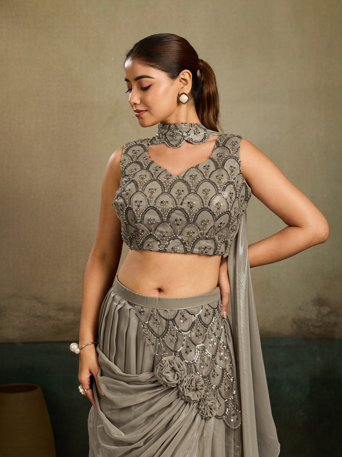 Taupe Grey Embellished Shimmer Silk Skirt Set