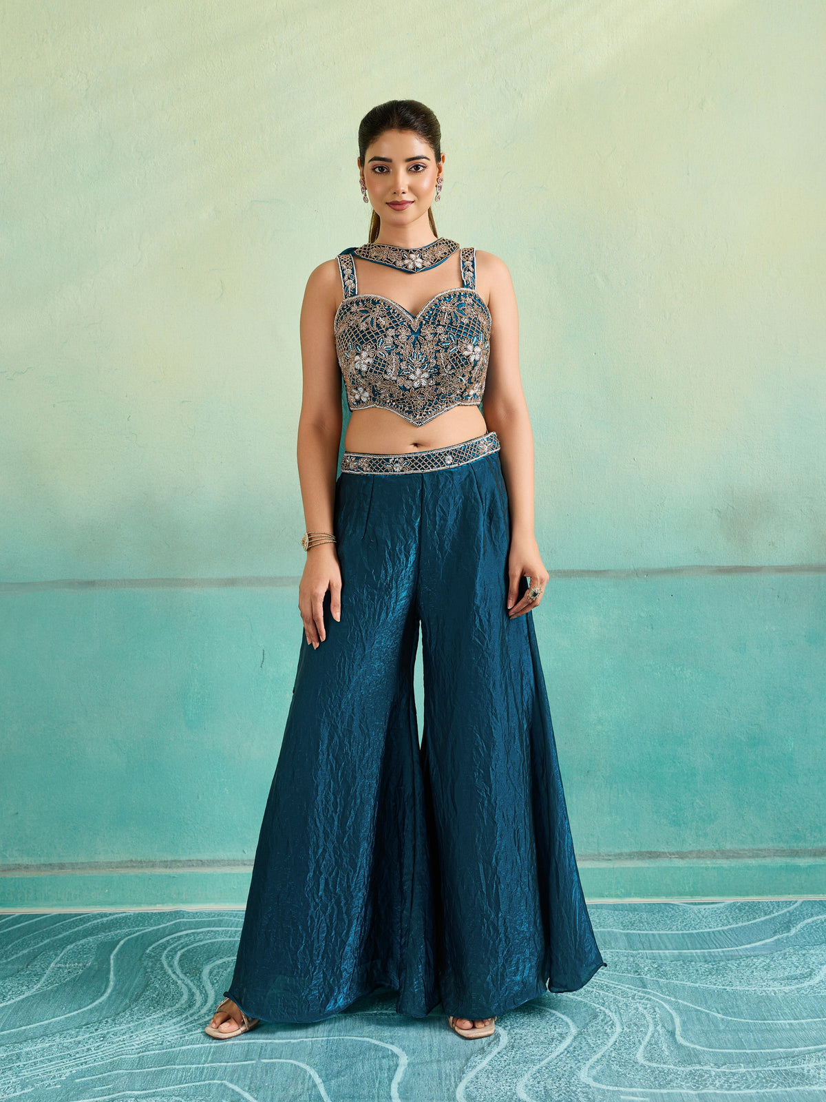 Teal Embellished Organza Silk Palazzo Set