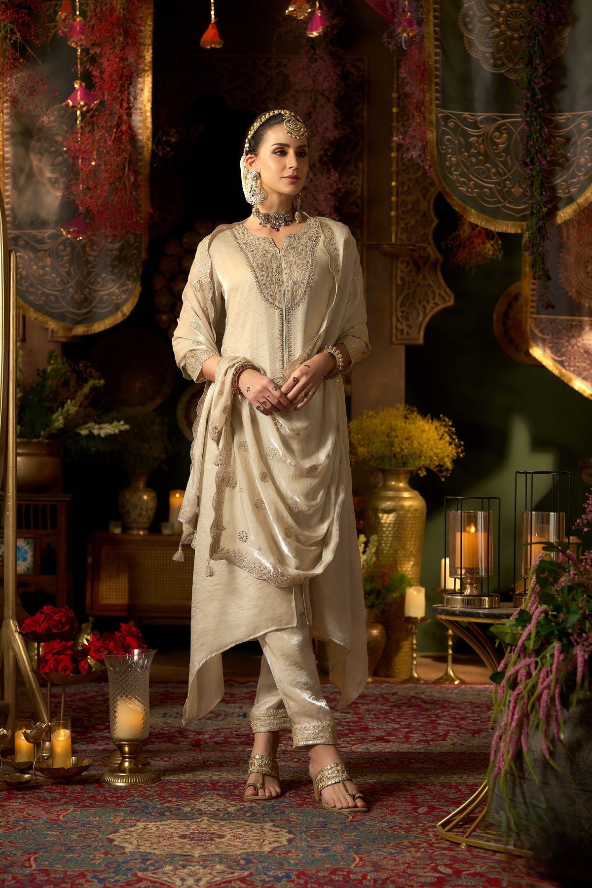 Champagne Ivory Embellished Roman Silk Pant Set