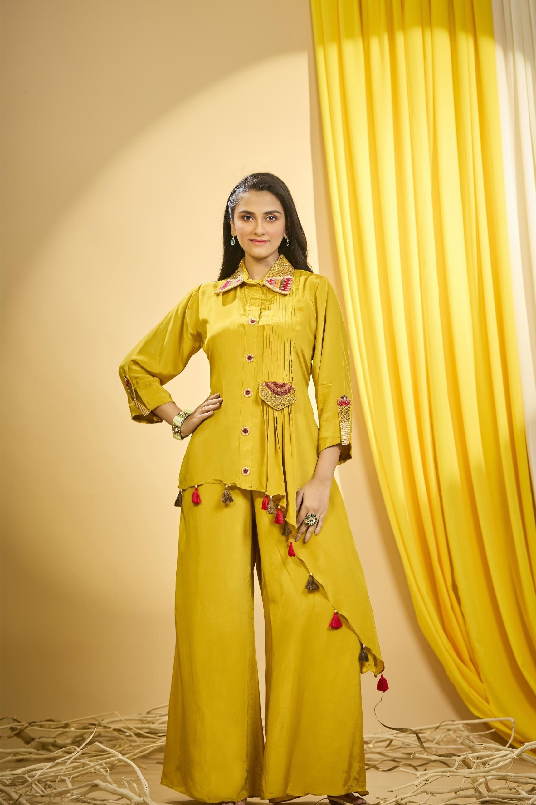 Bright Yellow Embroidered Spanish Silk Co-Ord Set