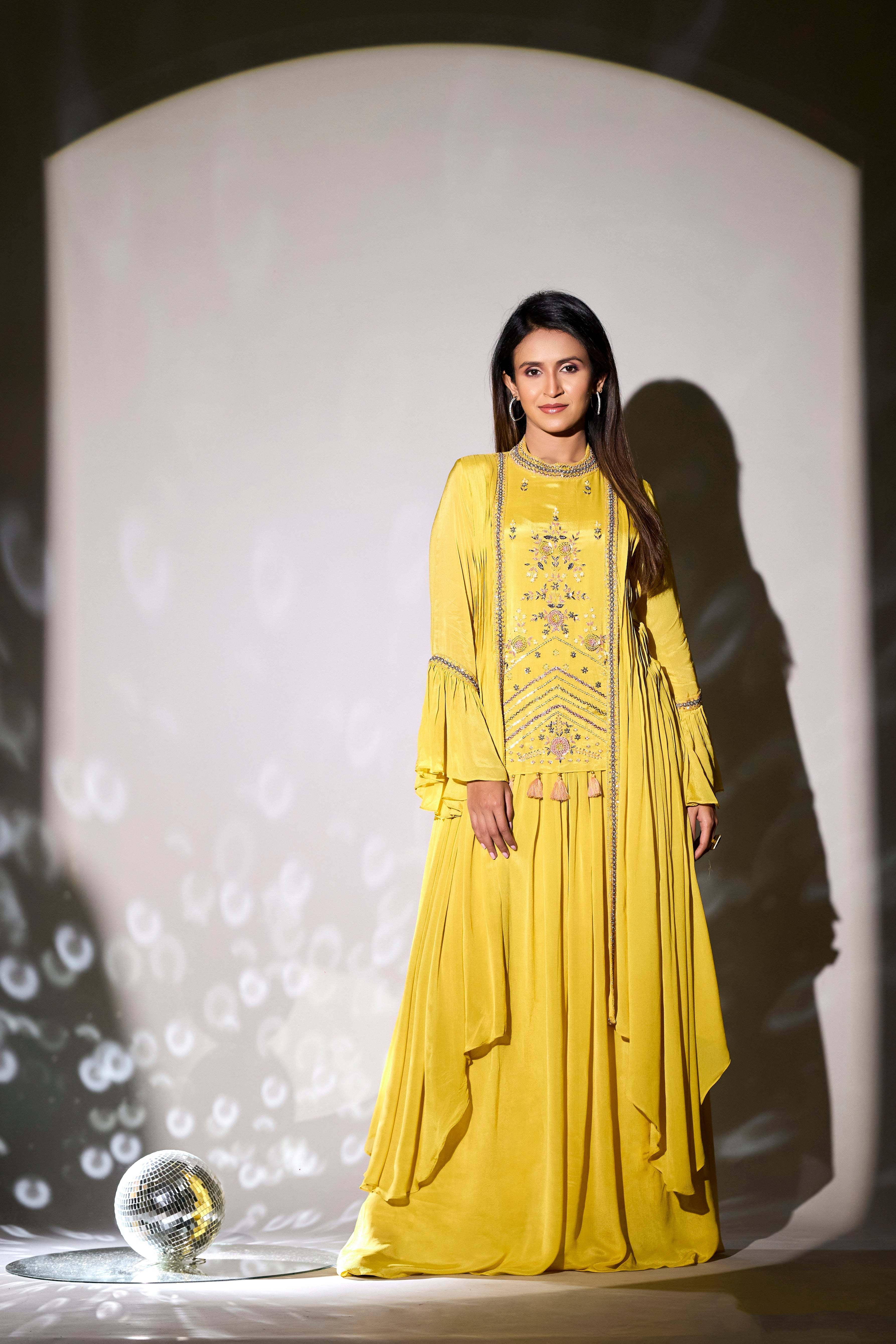 Bright Yellow Embellished Premium Chinon Silk Gown