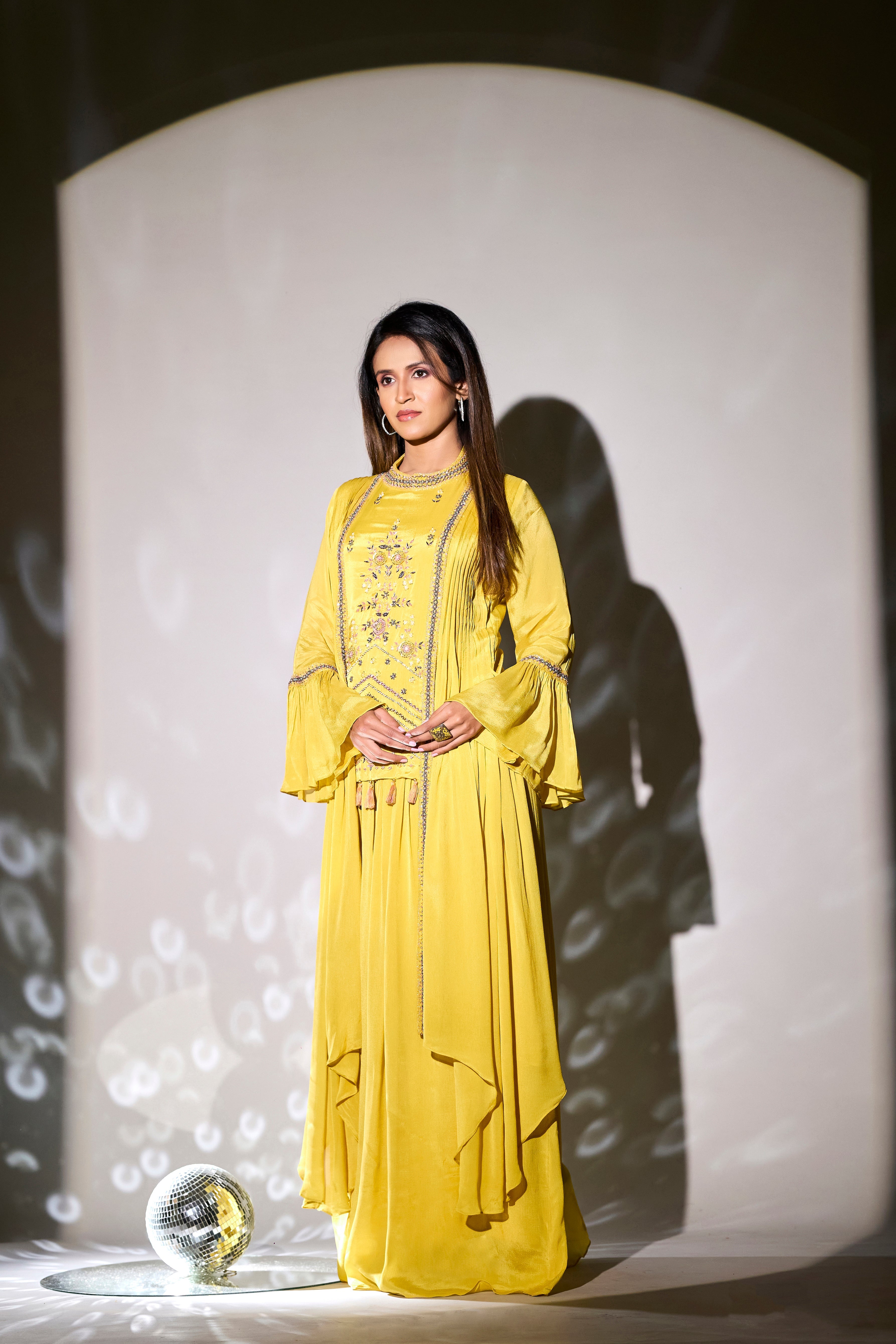 Bright Yellow Embellished Premium Chinon Silk Gown