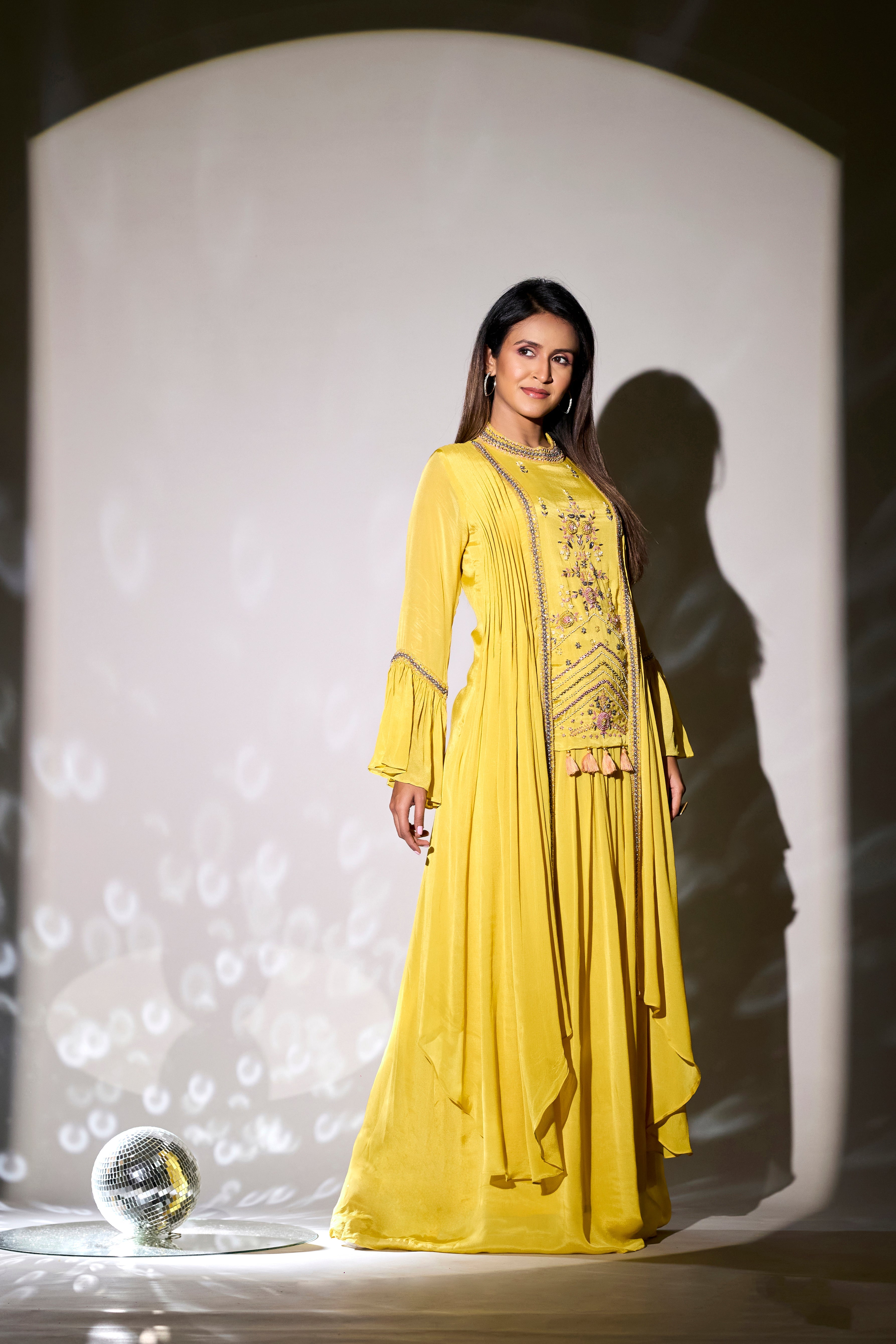 Bright Yellow Embellished Premium Chinon Silk Gown