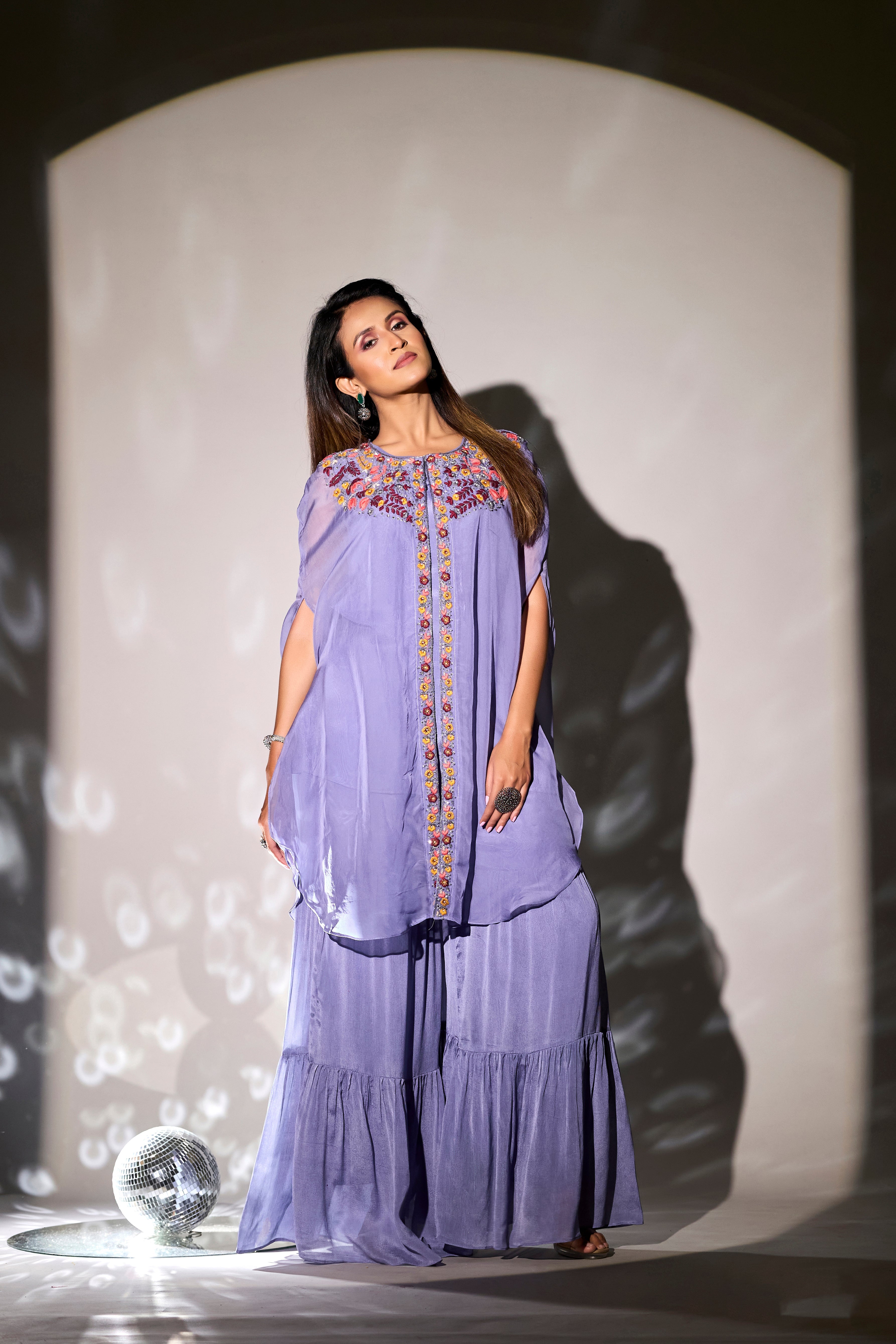 Light Lavender Embroidered Chinon Silk Cape & Sharara Set