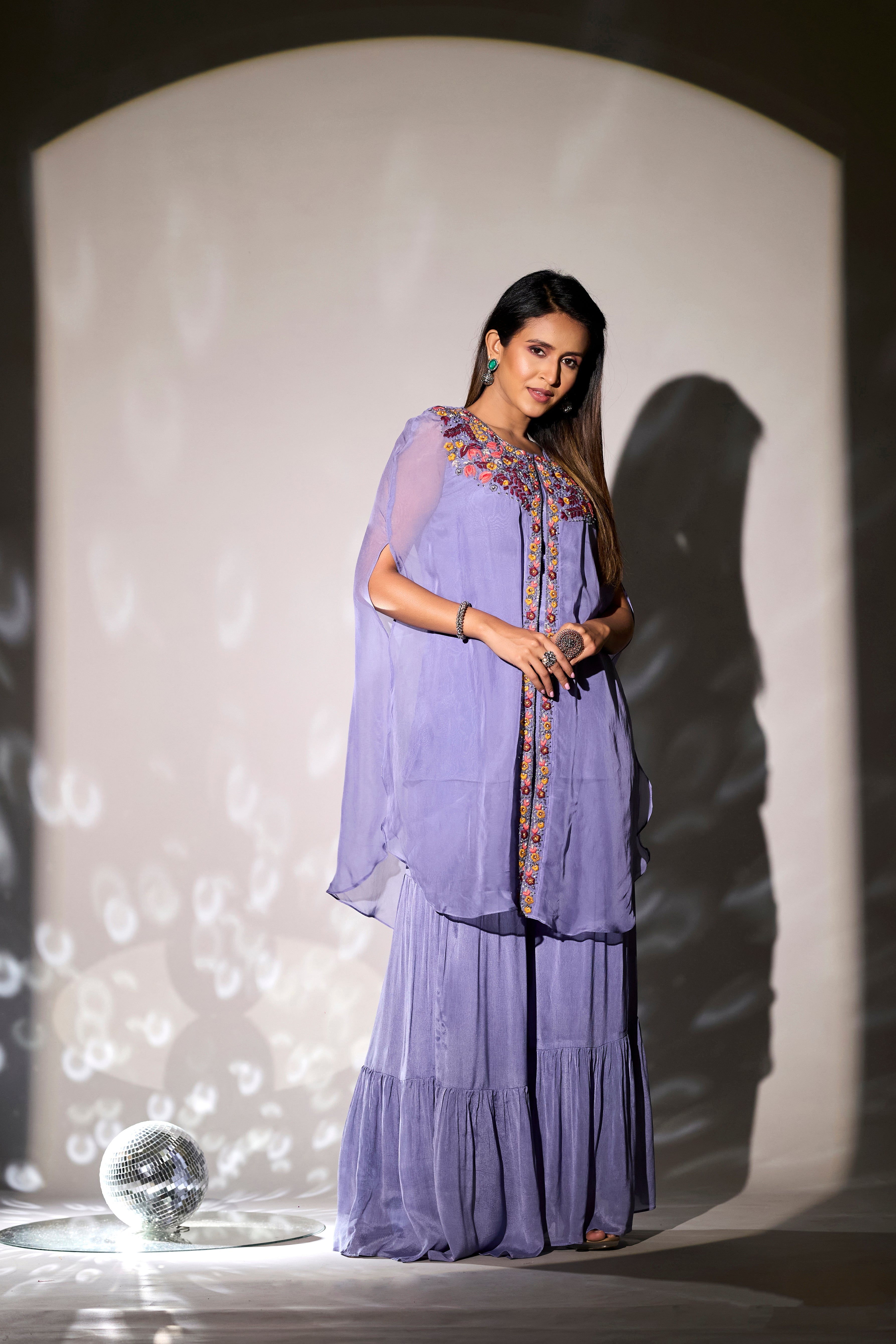 Light Lavender Embroidered Chinon Silk Cape & Sharara Set