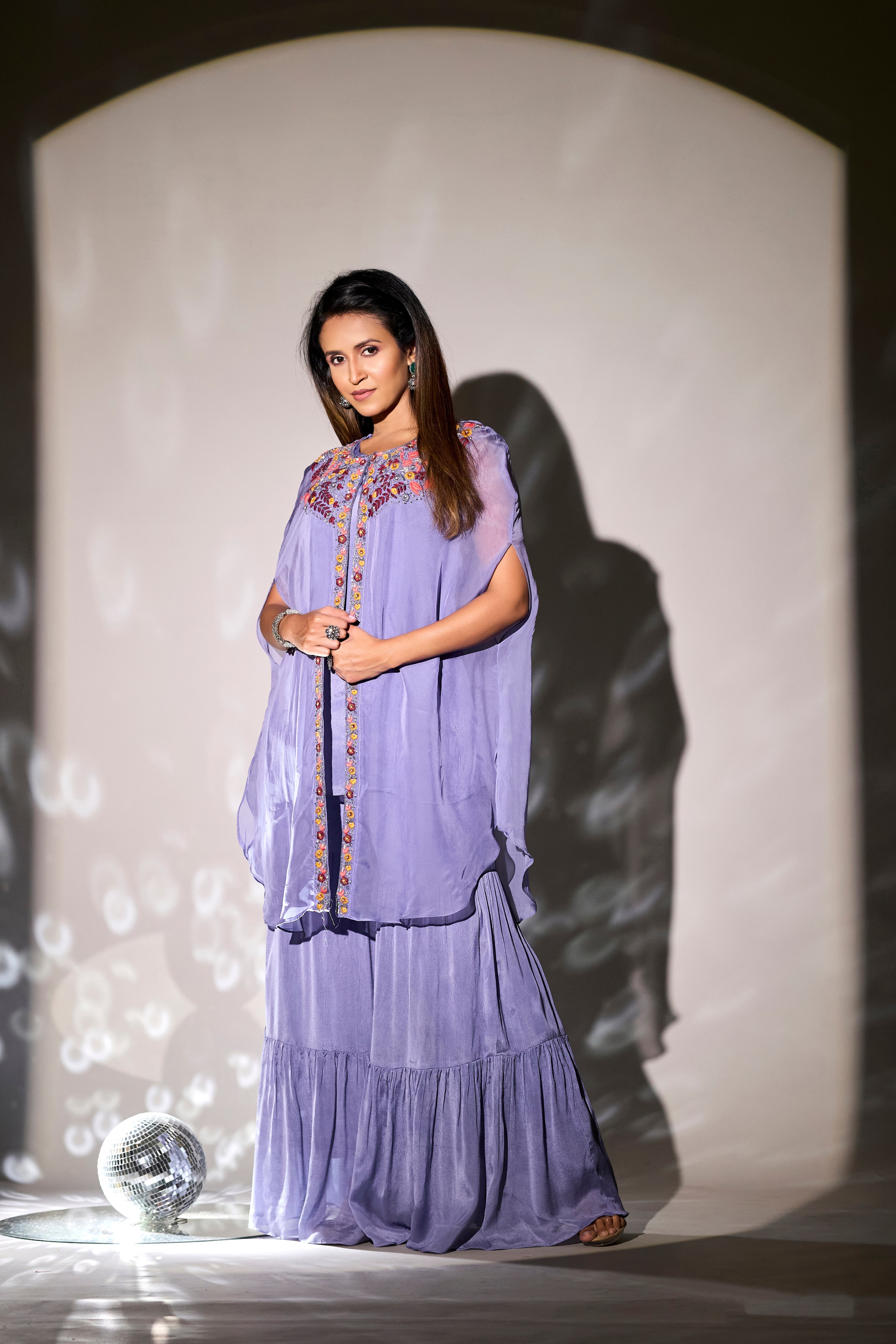 Light Lavender Embroidered Chinon Silk Cape & Sharara Set