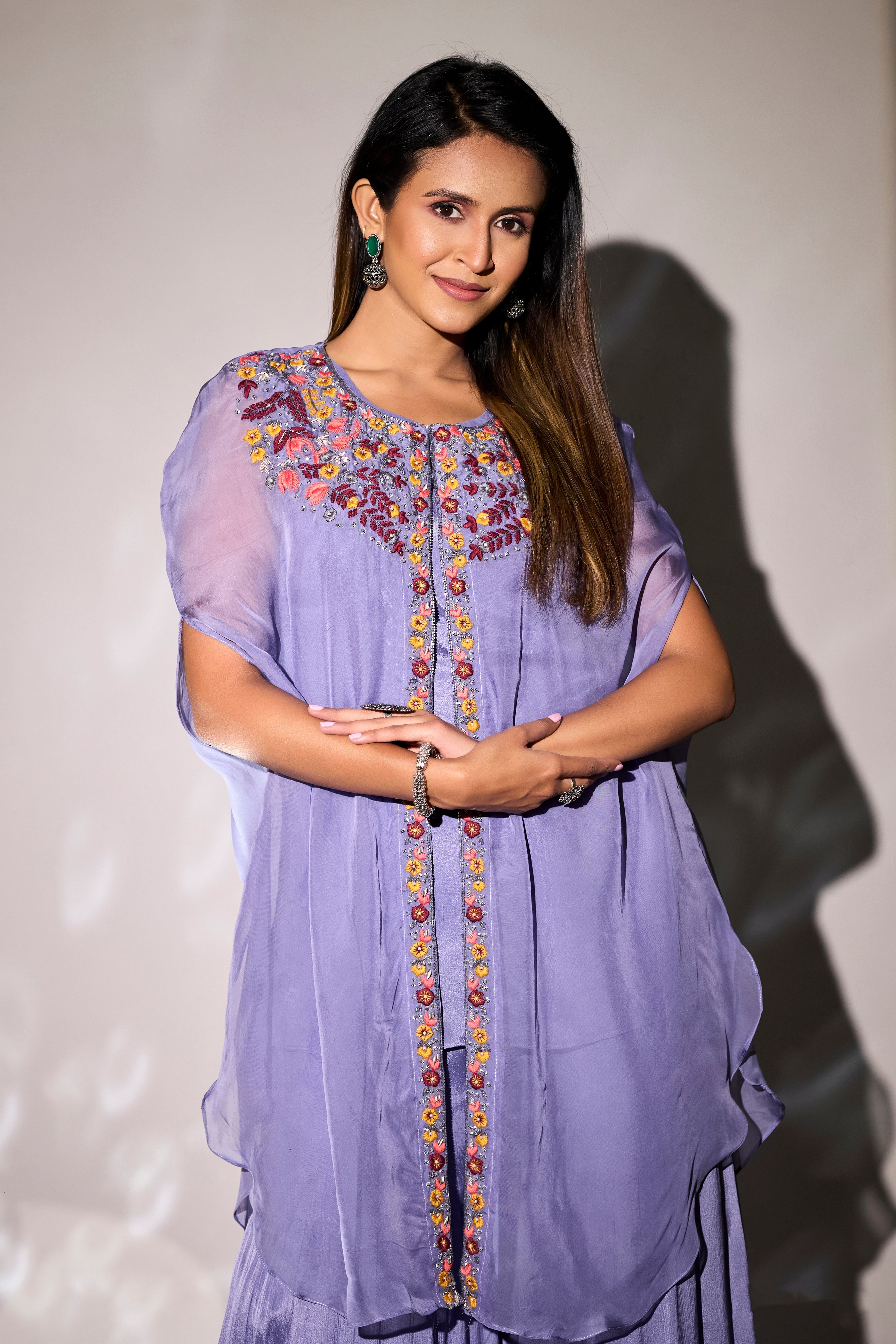 Light Lavender Embroidered Chinon Silk Cape & Sharara Set