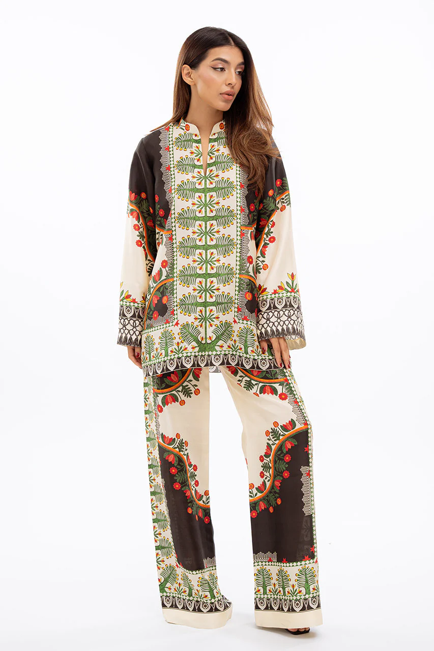 Beige Digital Printed Soft Satin Silk Co-Ord Set