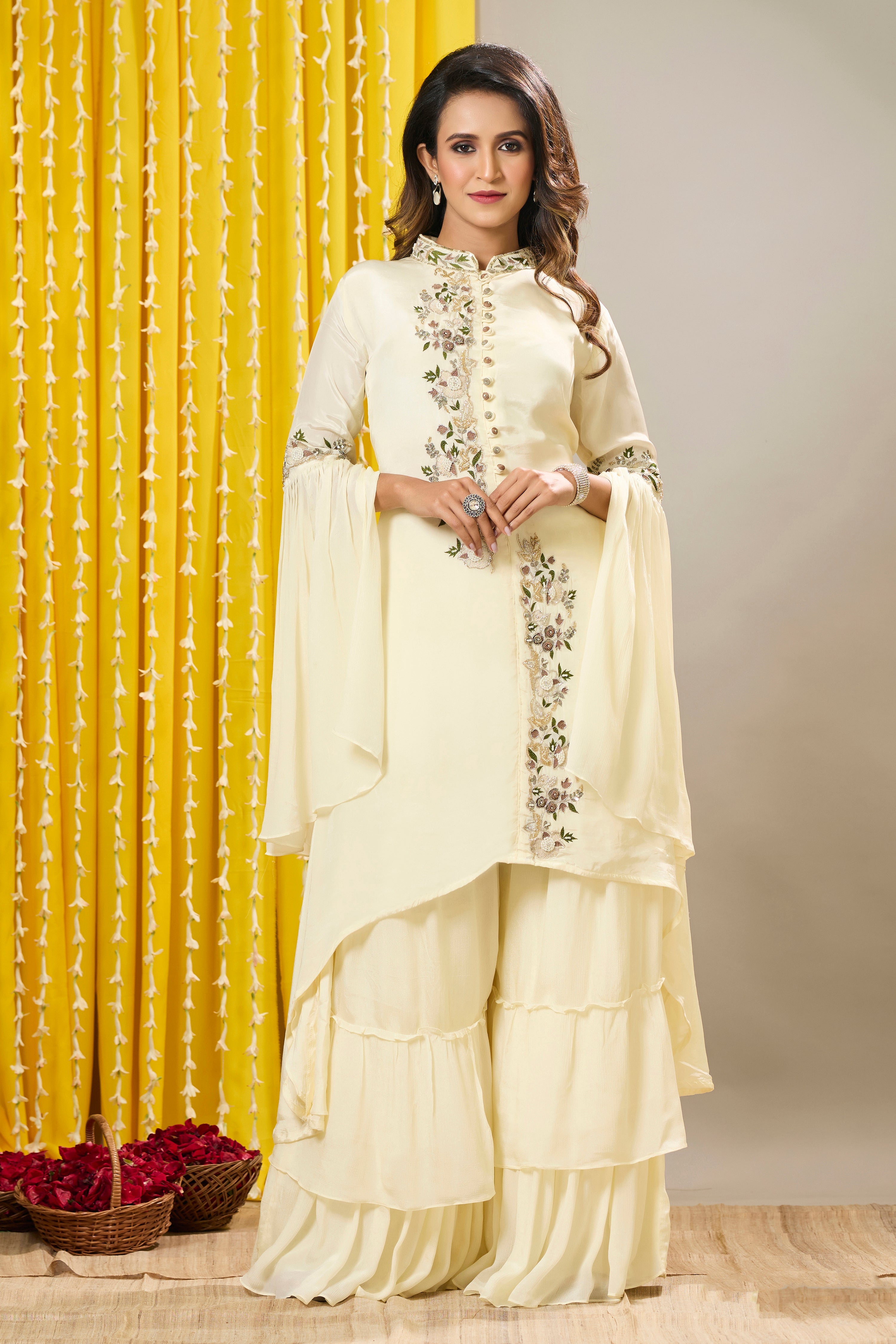 Cream Embroidered Premium Chinon Silk Sharara Set