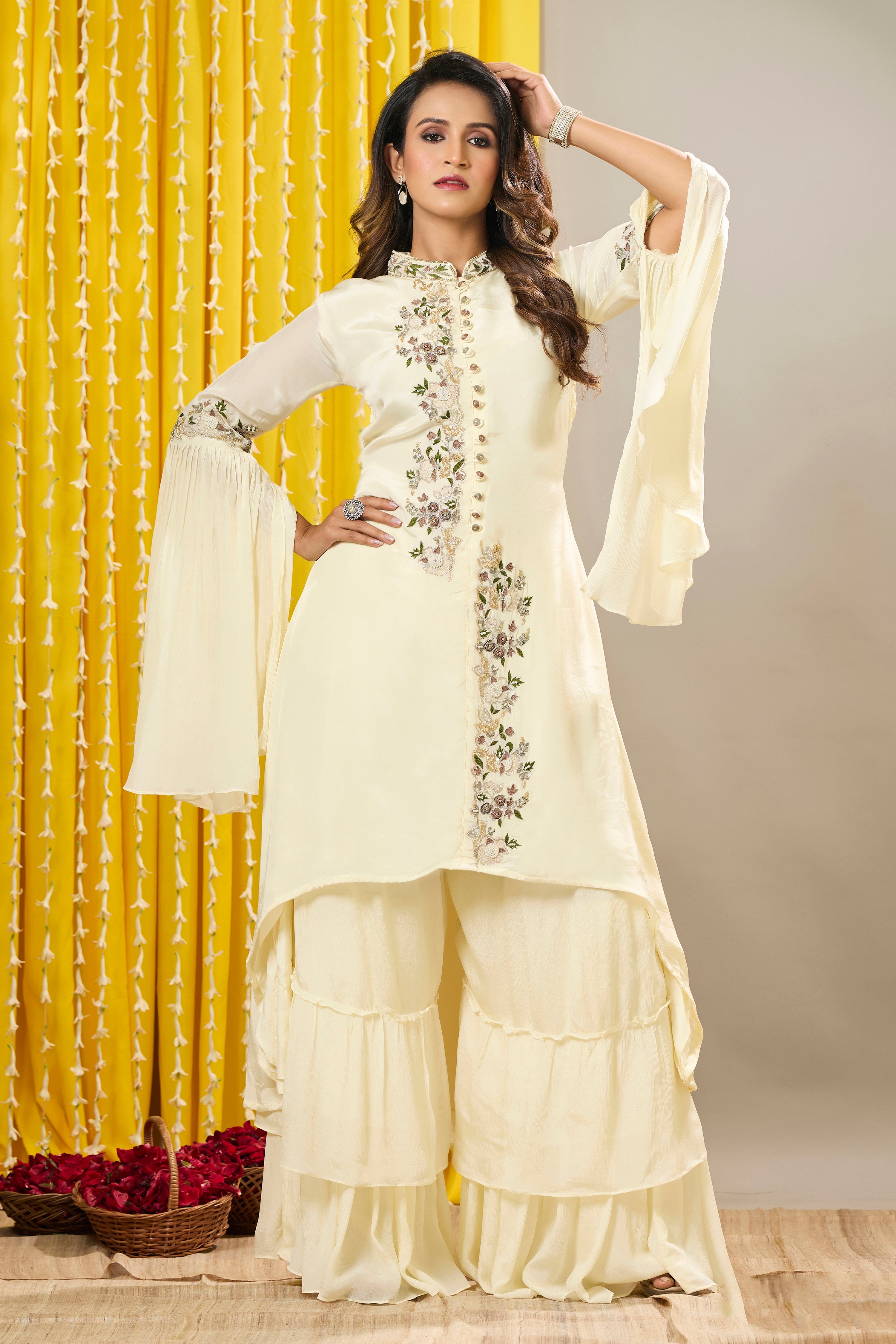 Cream Embroidered Premium Chinon Silk Sharara Set