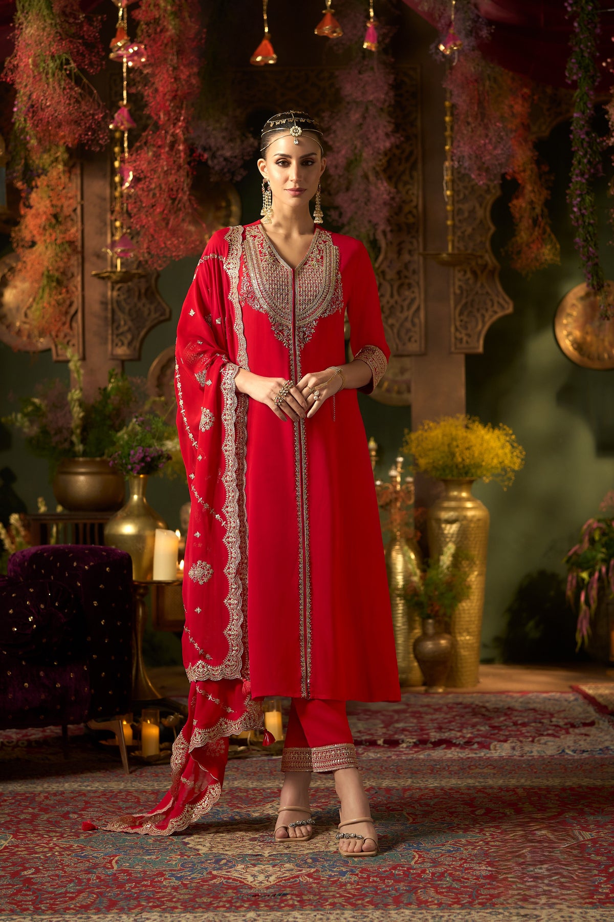 Scarlet Red Embroidered Georgette Silk Pant Set