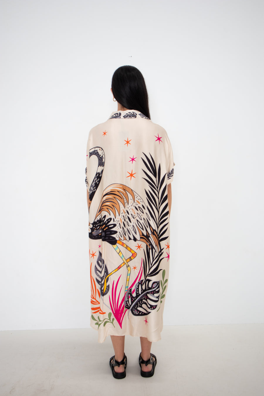 Cream Flamingo Printed Belgium Silk Tunic