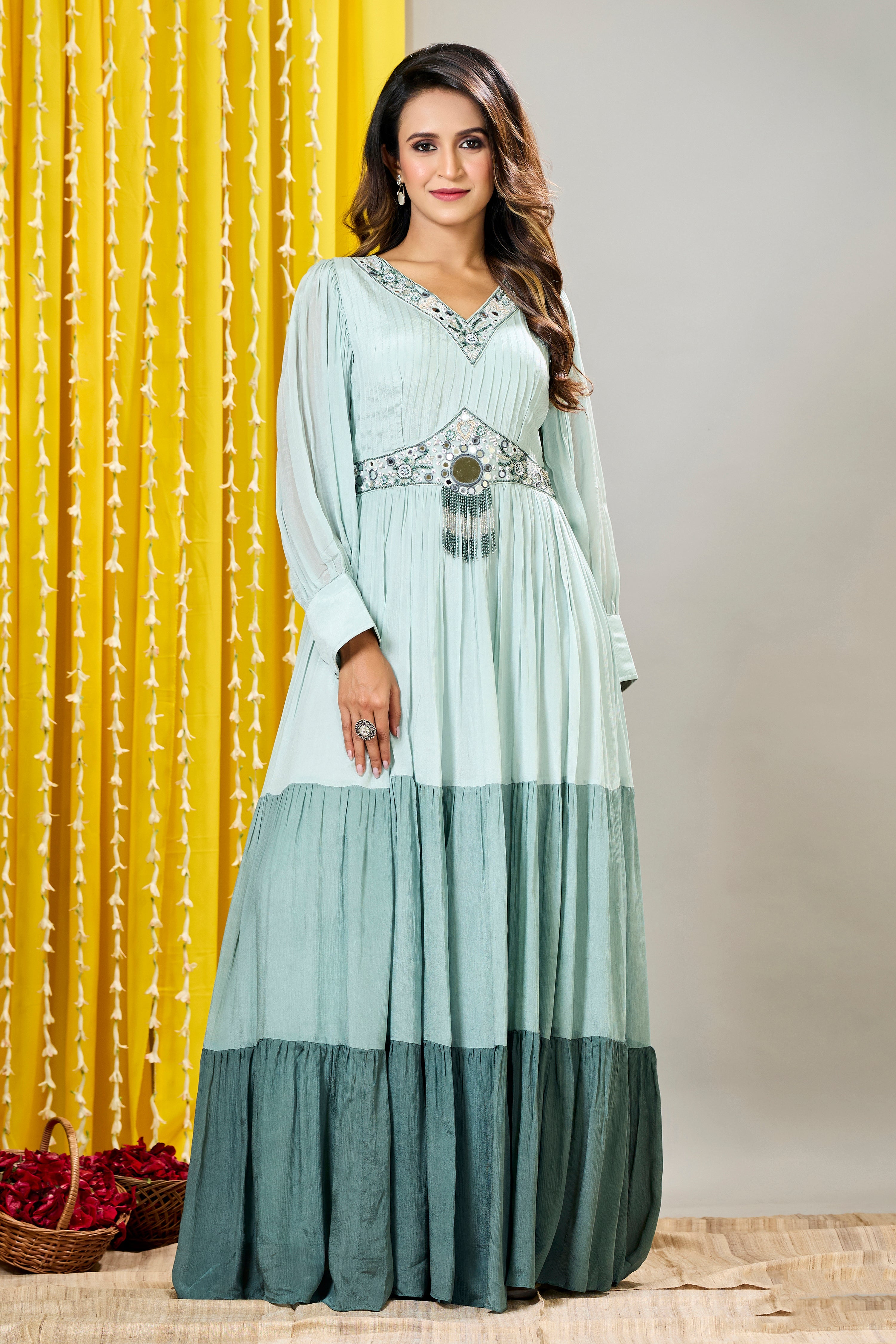 Light Turquoise Embellished Premium Chinon Silk Gown