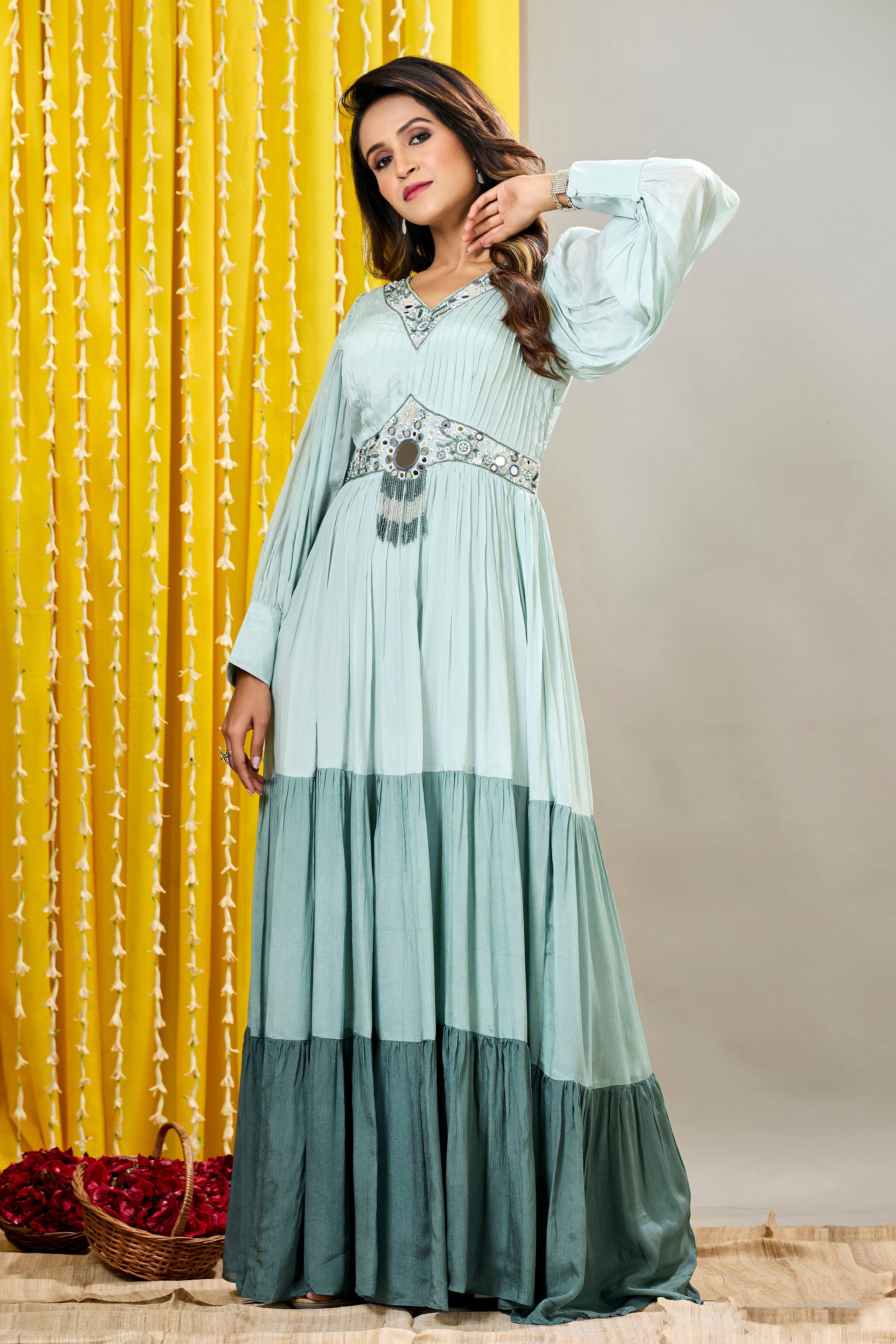 Light Turquoise Embellished Premium Chinon Silk Gown