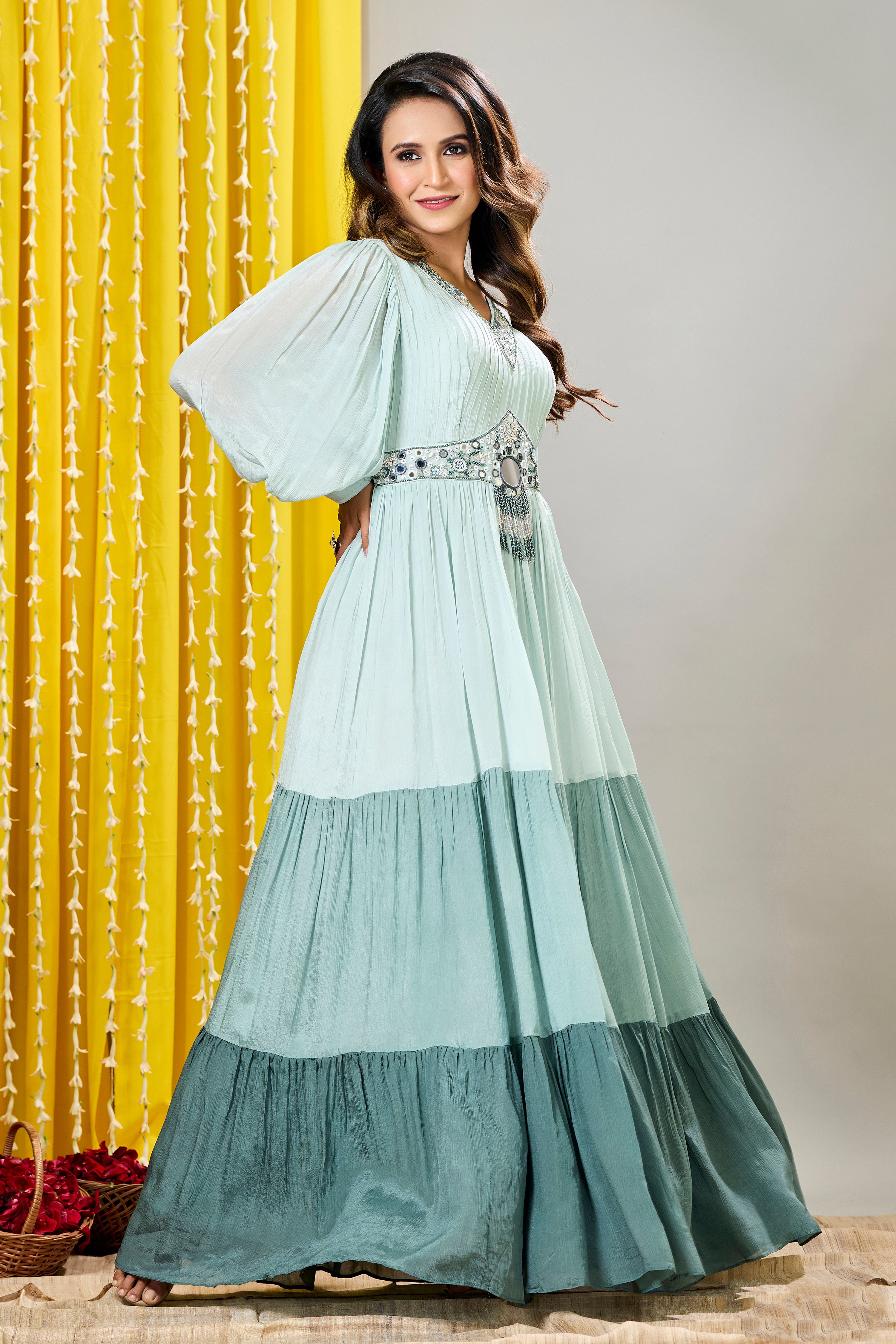 Light Turquoise Embellished Premium Chinon Silk Gown