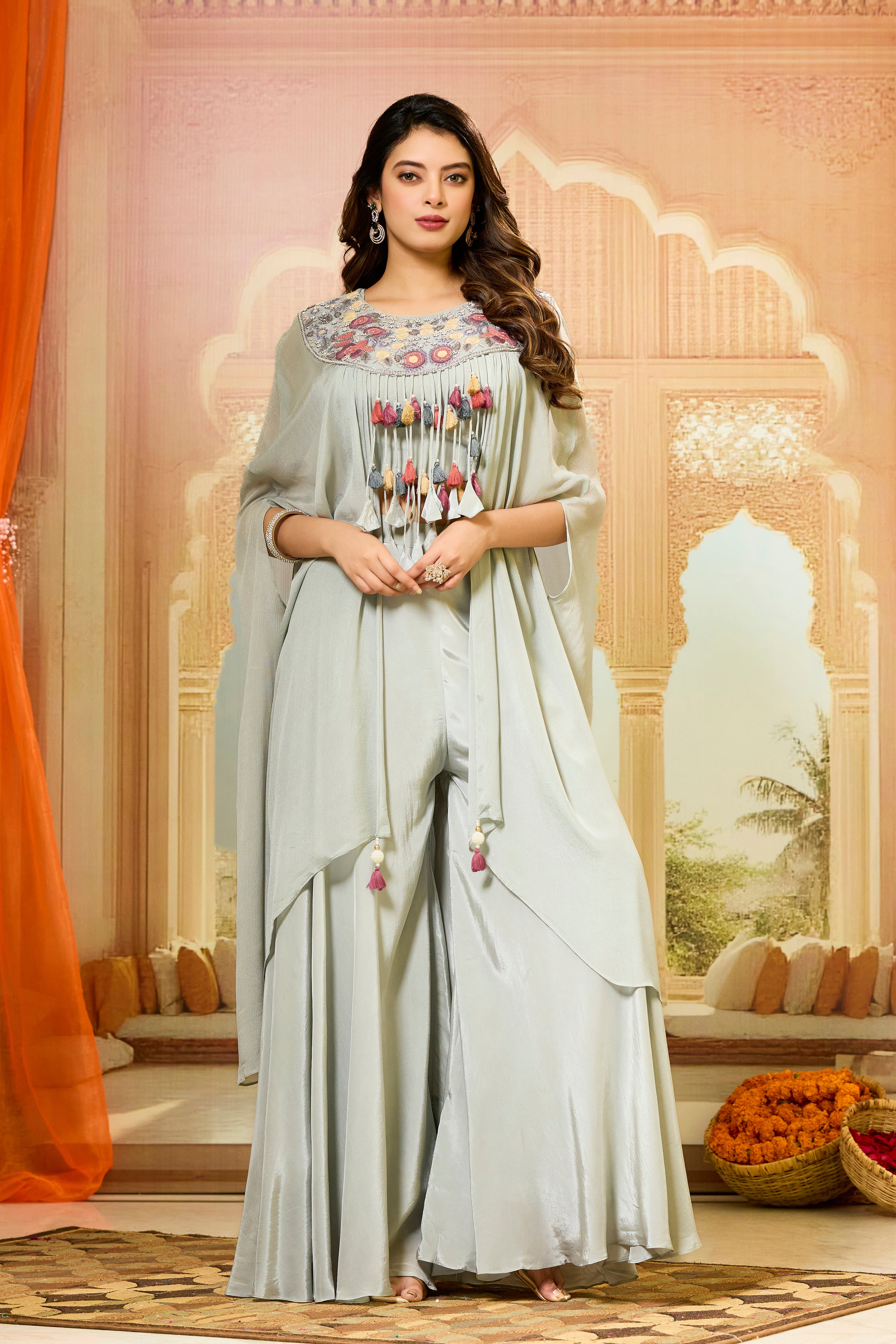 Grey Handwork Chinon Silk Palazzo Set