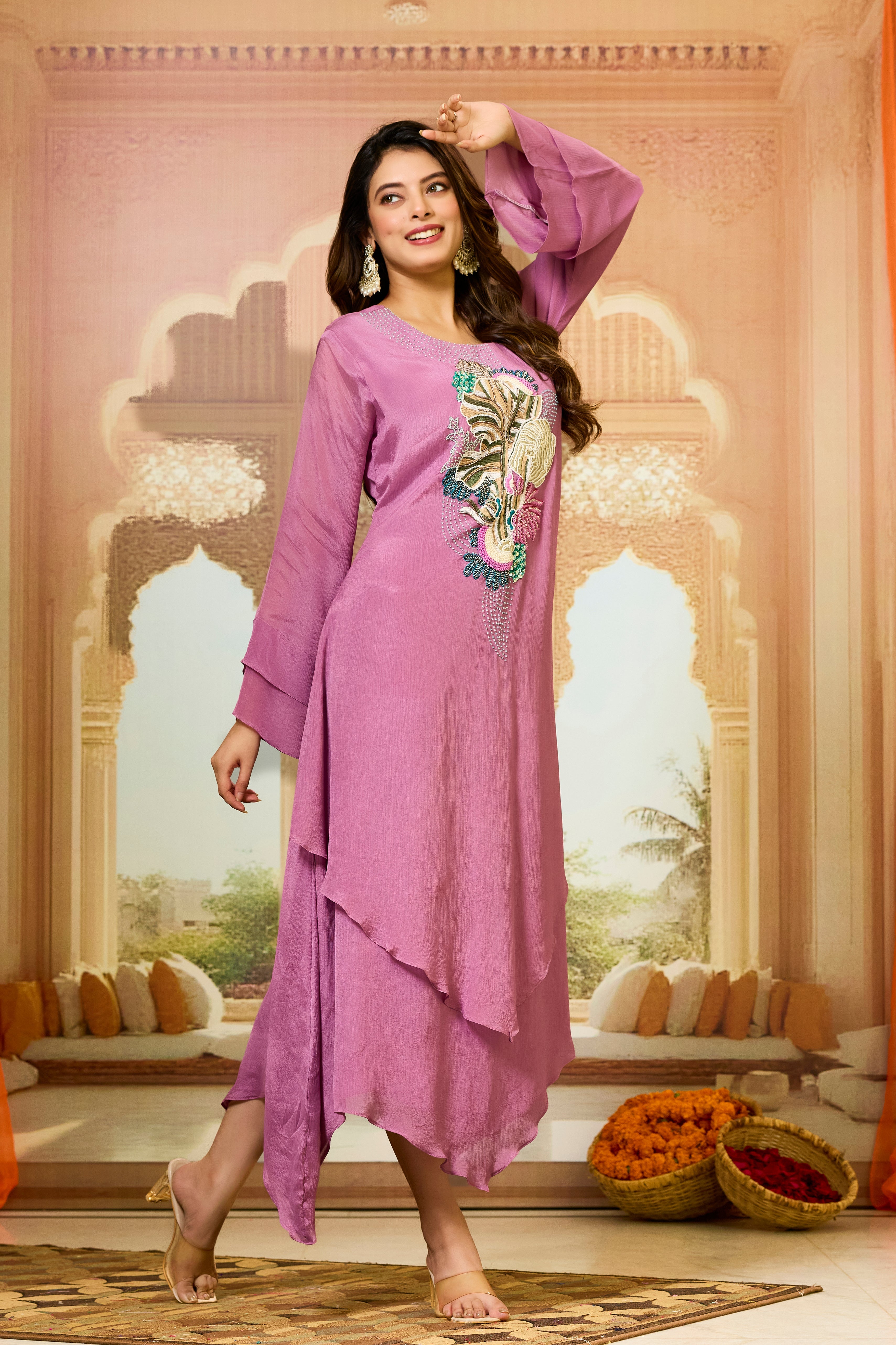 Pink Asymmetrical Chinon Silk Dress